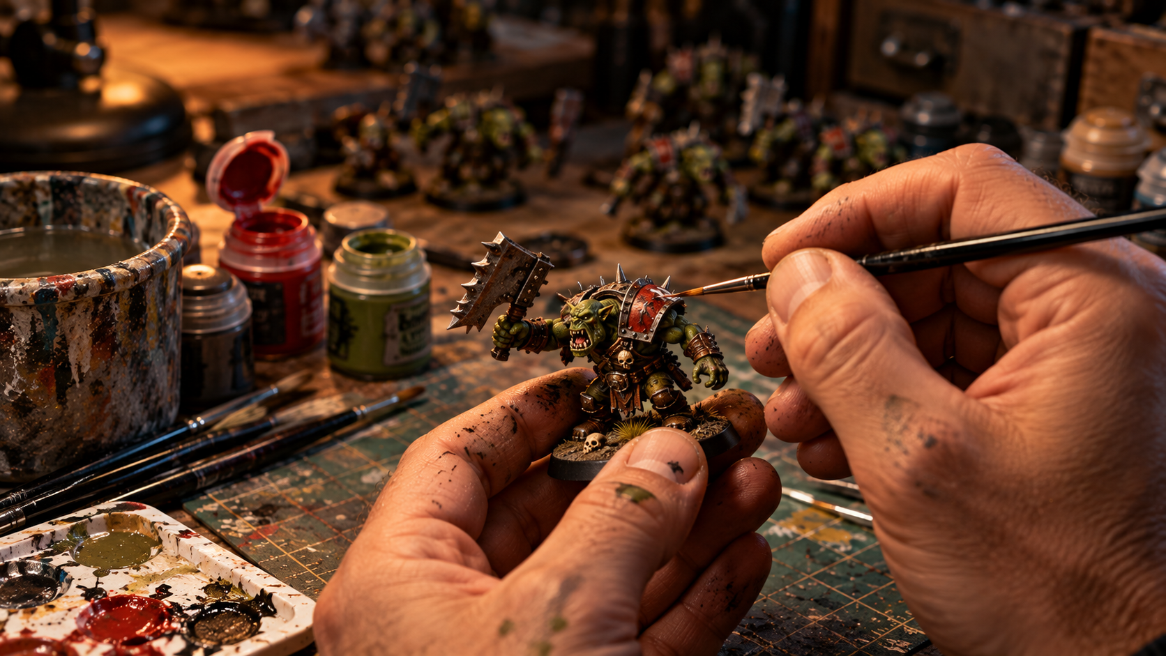 Close-up of a tabletop gaming miniature being painted by hand.