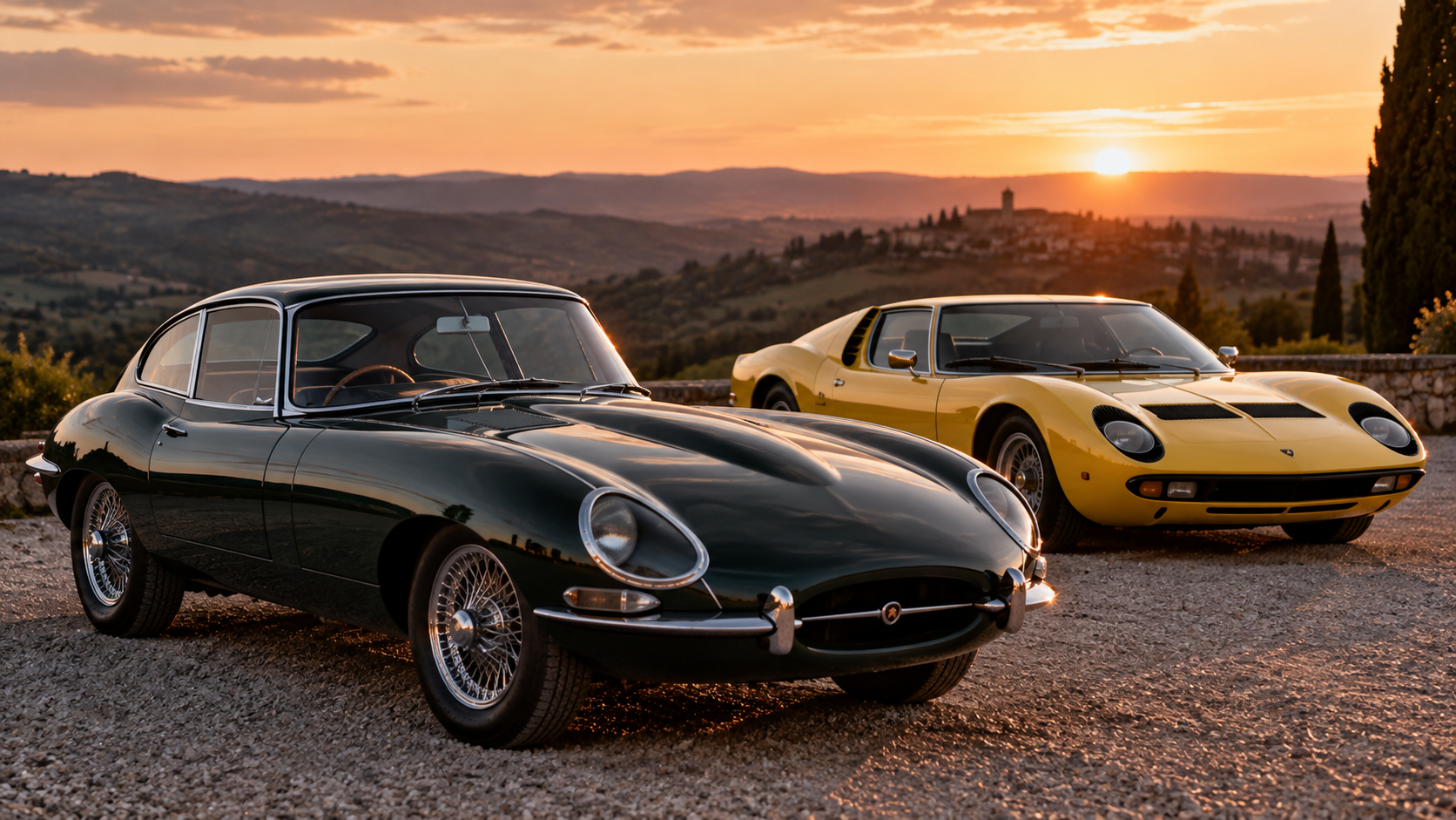 A British racing green Jaguar E-Type coupé and a yellow Lamborghini Miura parked together on a hillside at sunset.