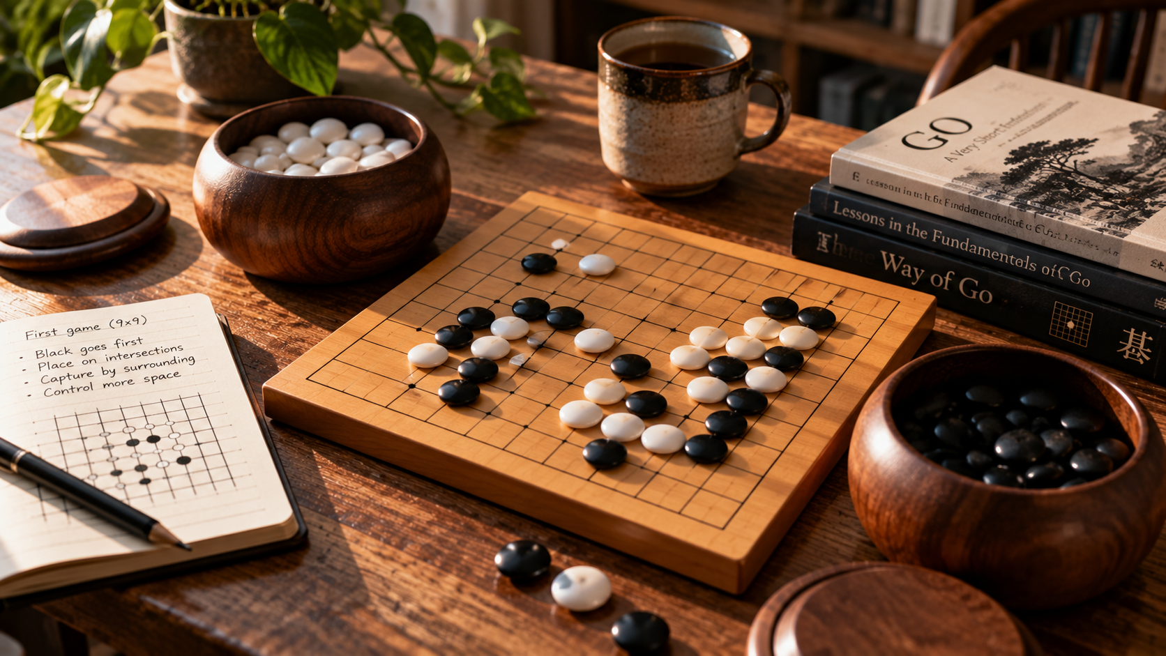 A small wooden 9 x 9 Go board with black and white stones mid-game, surrounded by bowls of stones, a notebook, books and a cup of coffee.