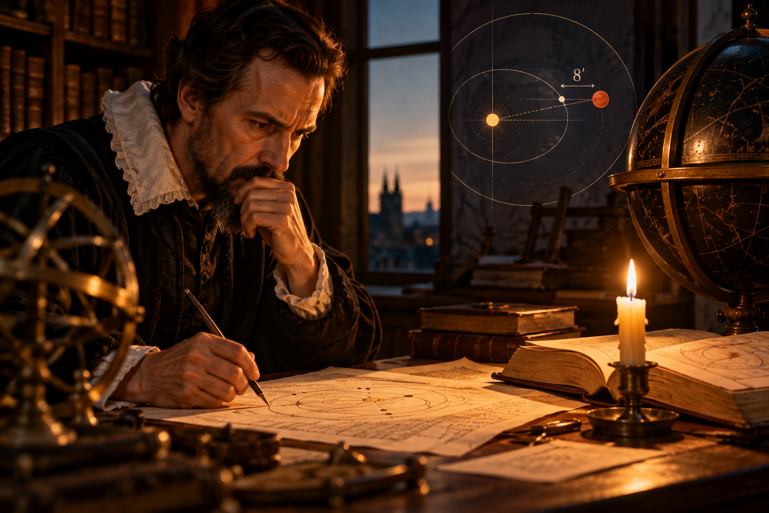Cinematic illustration of Johannes Kepler studying planetary orbits by candlelight, surrounded by astronomical instruments and manuscripts. A diagram of Mars highlights an eight-arcminute discrepancy.
