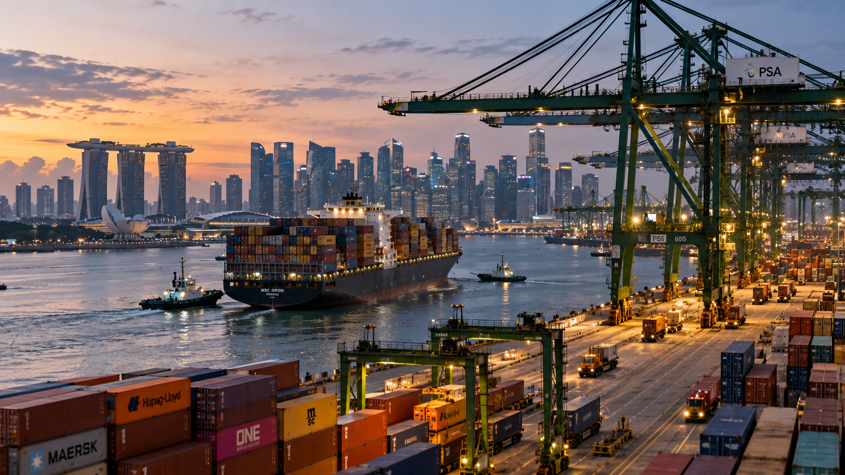 A container ship is guided by tugboats through Singapore's busy harbour, with container cranes and stacked cargo in the foreground and the city skyline beyond.