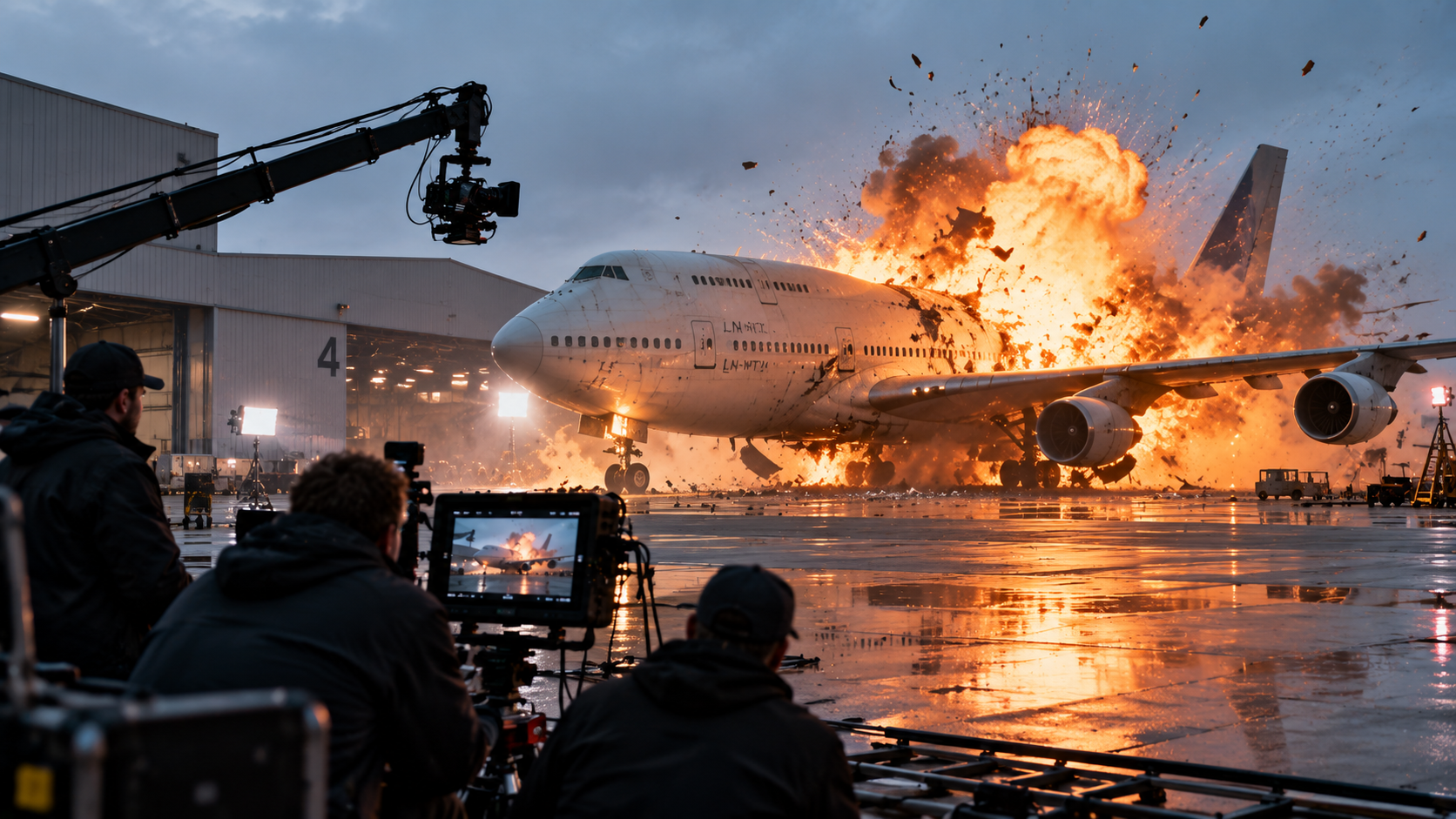 A film crew records a Boeing 747-style aircraft engulfed in flames on an airport set, with cameras, lighting and production equipment visible in the foreground.