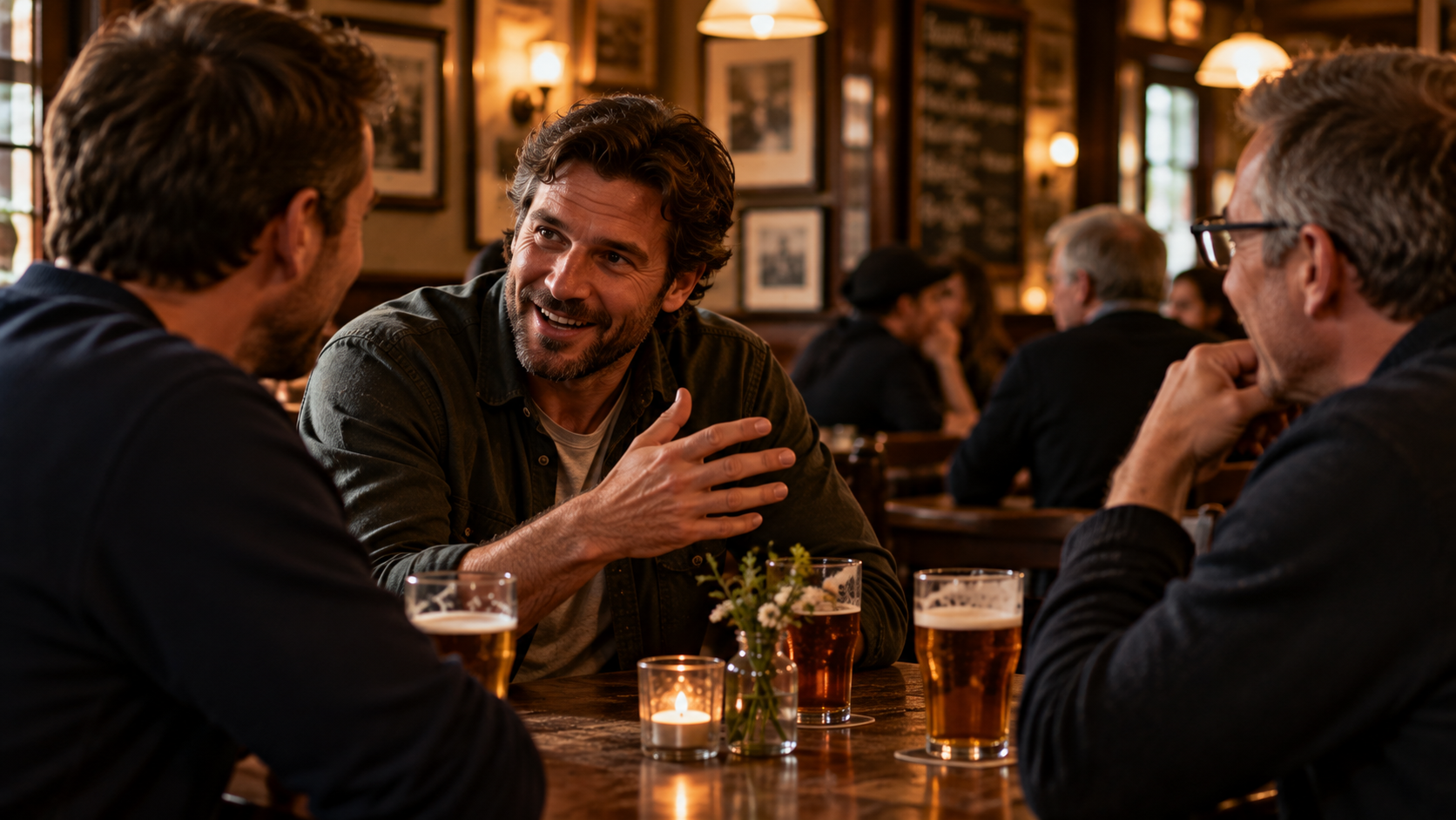 Three men sit around a table in a warmly lit pub, with one animatedly telling a story while the other two listen over pints of beer.