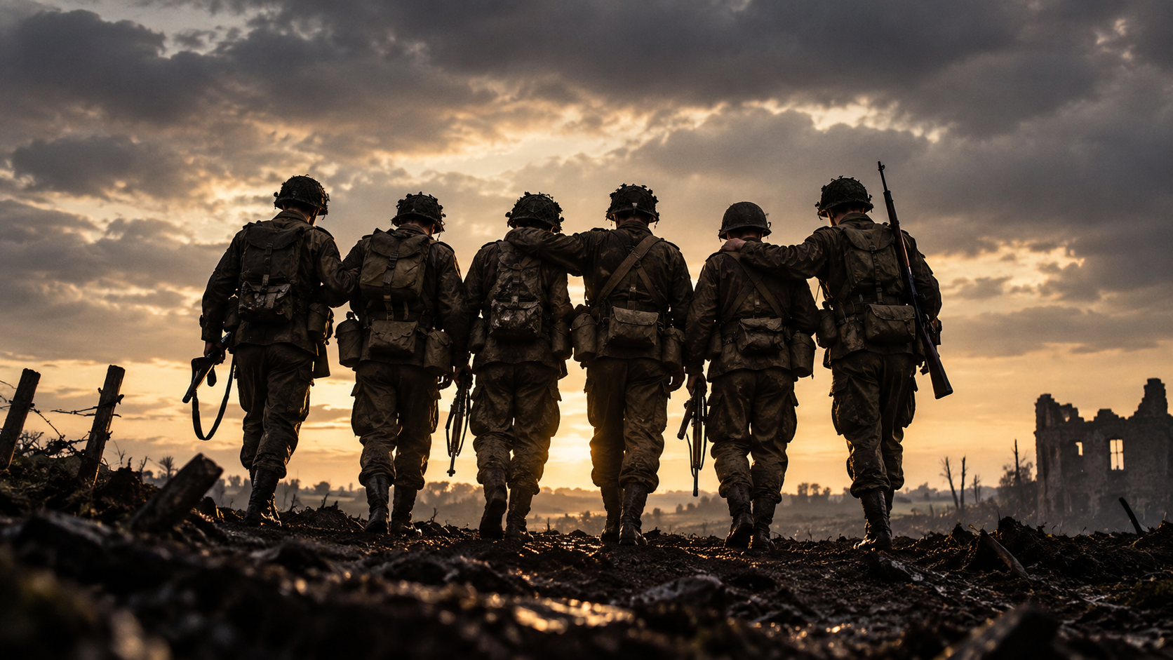 Six Second World War soldiers walk away across a muddy battlefield at sunset, carrying rifles and linking arms across one another’s shoulders.