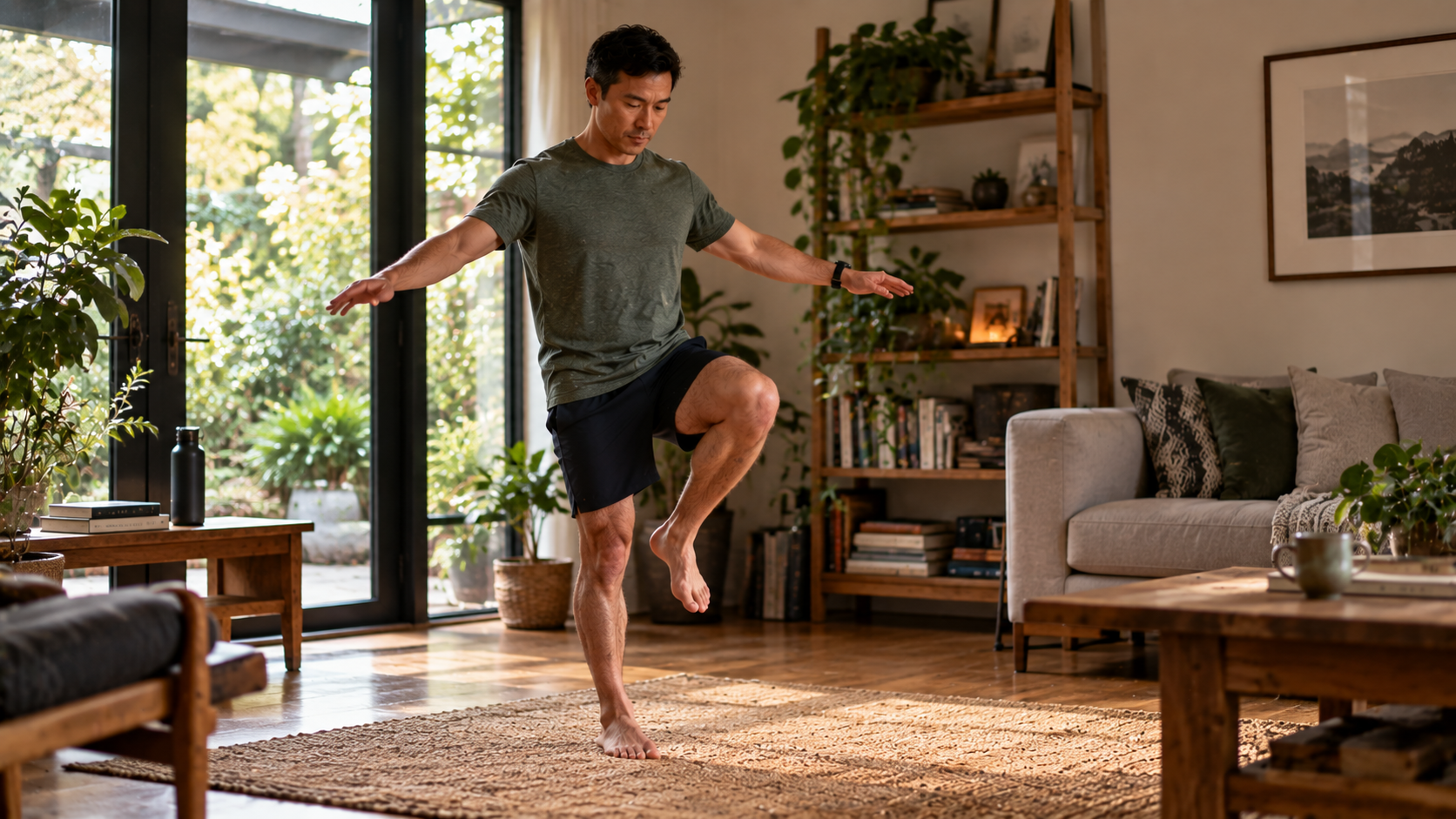 A man stands barefoot on one leg in a sunlit living room, with his knee raised and arms extended for balance.