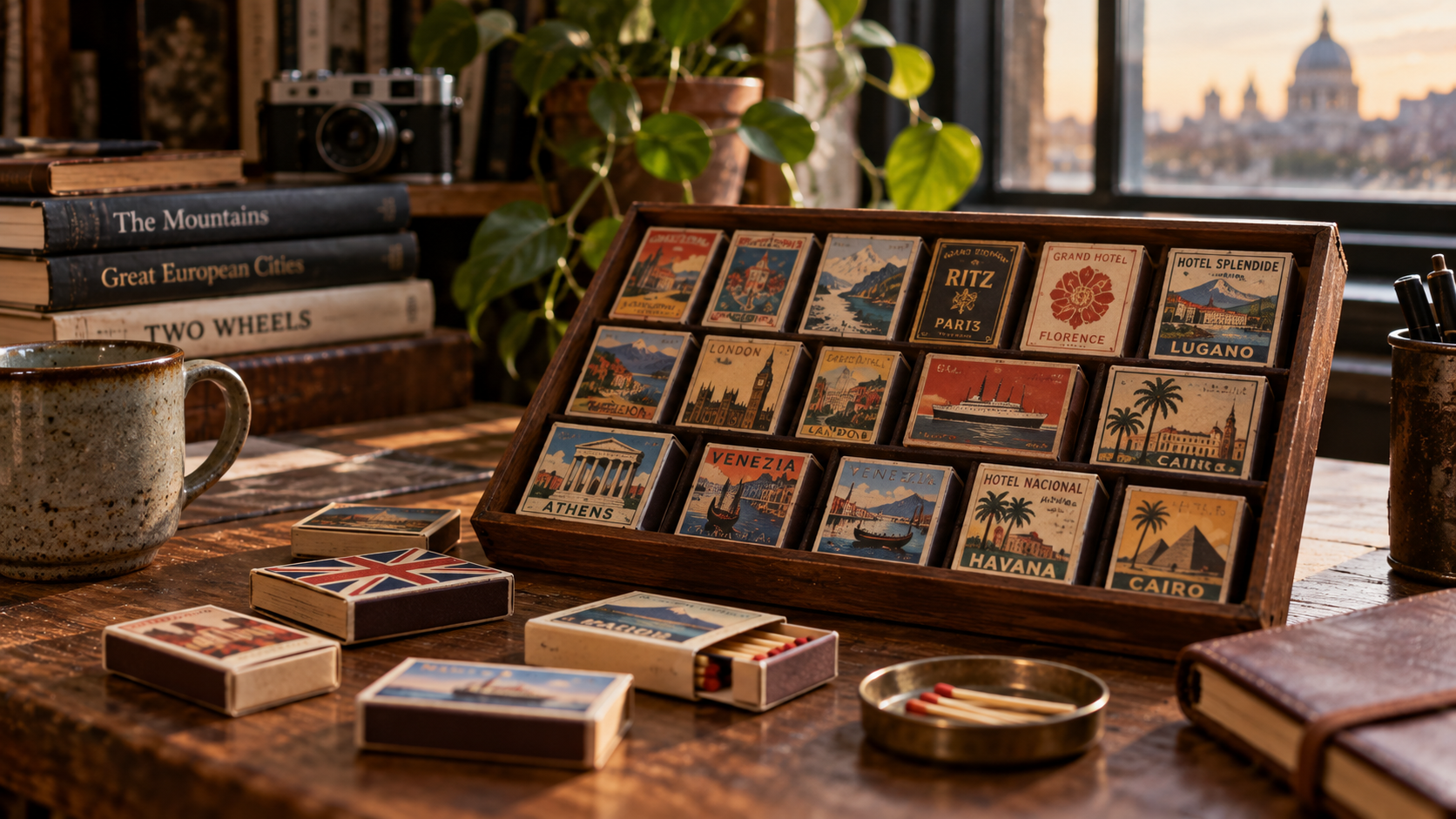 A collection of vintage matchboxes from hotels and cities around the world arranged in a wooden display case on a desk, with several loose matchboxes scattered nearby.
