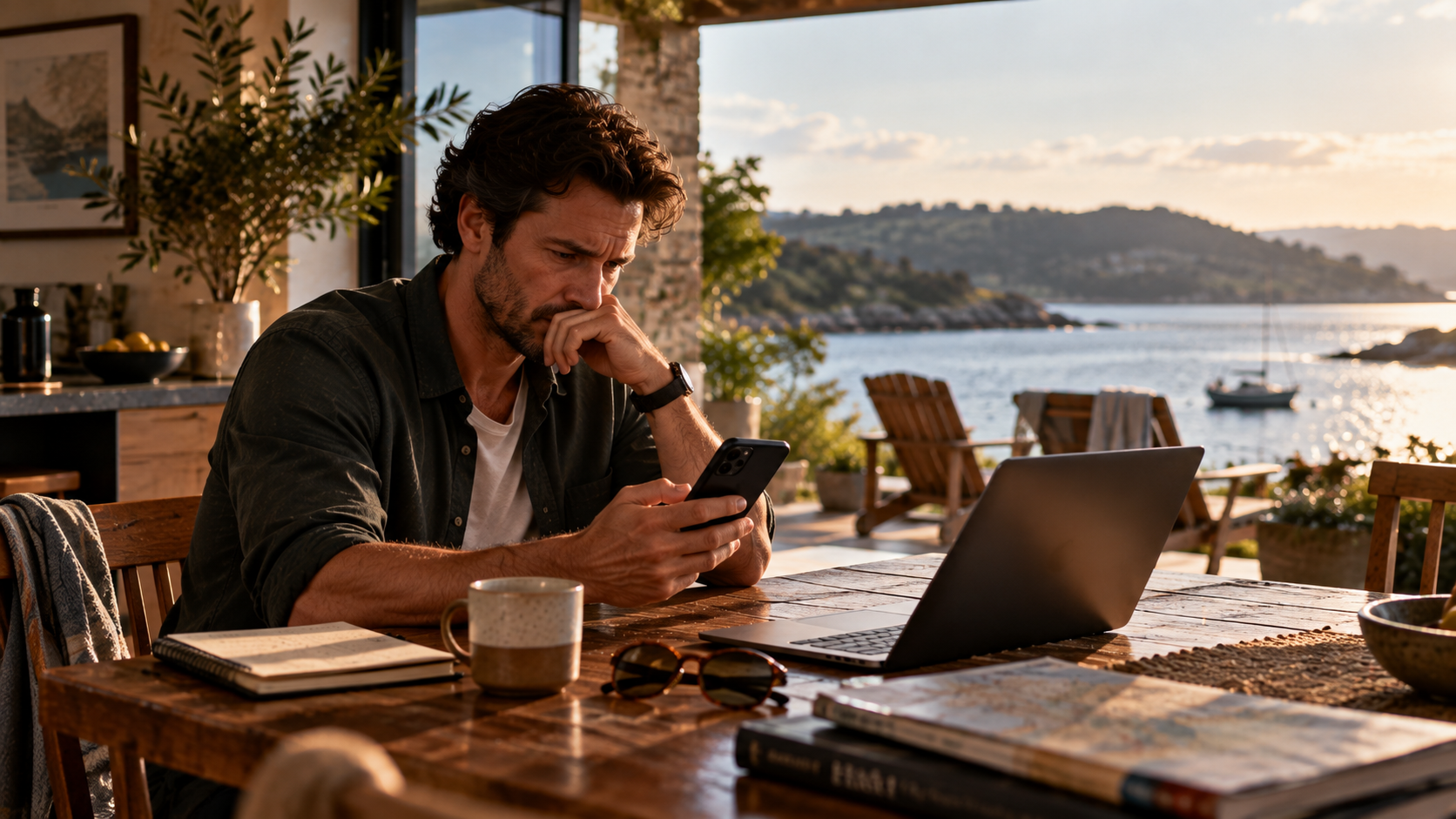 A man sits at a table in a waterside holiday home, looking at his phone with an open laptop in front of him while the sunny waterfront waits outside.