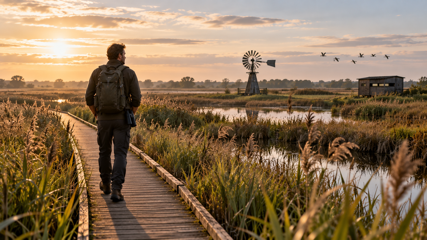 A man with a backpack and binoculars walks along a wooden boardwalk through the reed beds and wetlands of Wicken Fen at golden hour, with birds flying overhead.