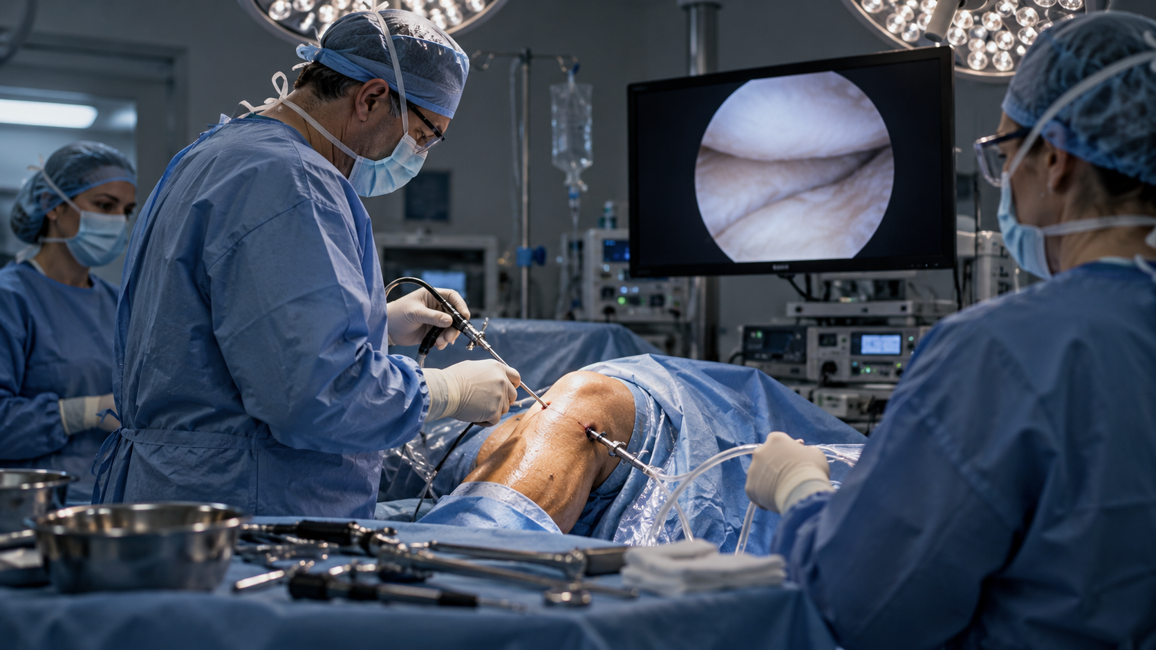 A surgical team performs a knee arthroscopy in an operating theatre, with the patient’s knee exposed beneath sterile drapes and an internal view of the joint displayed on a monitor.