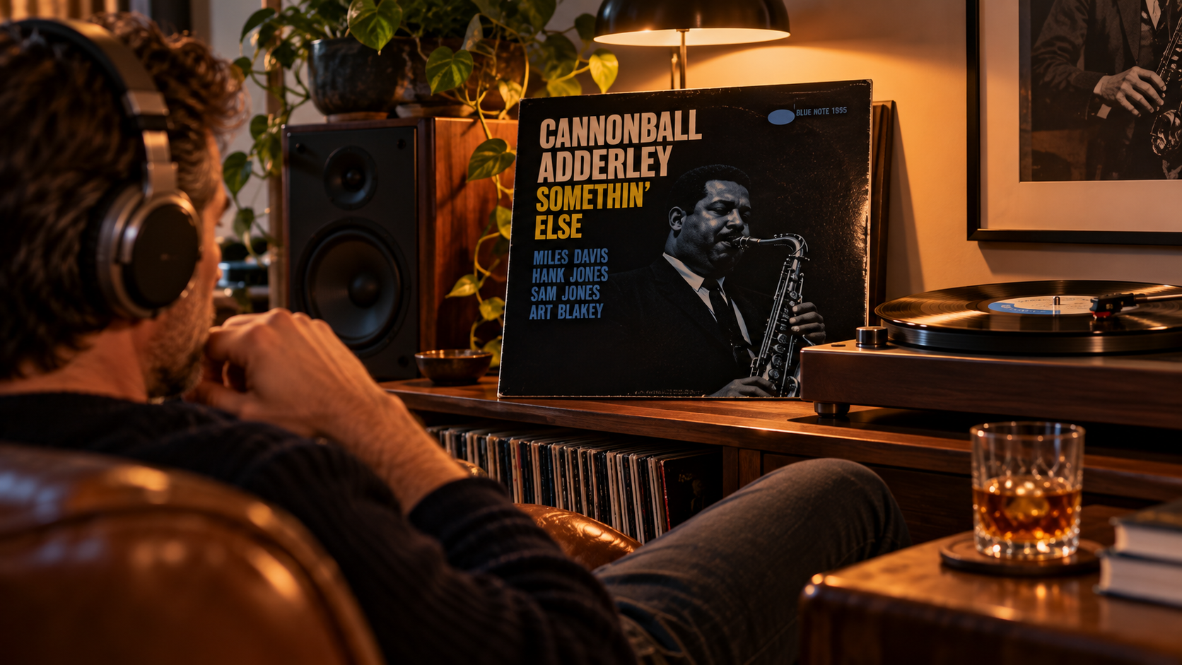A man wearing headphones listens to Cannonball Adderley’s Somethin’ Else on vinyl, with the album sleeve displayed beside a turntable.