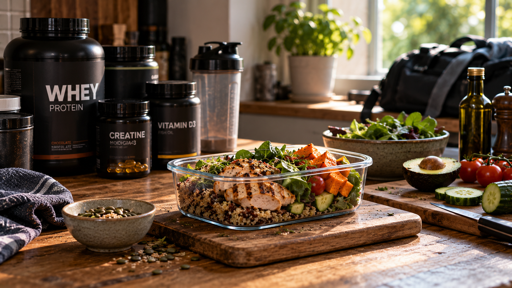 A prepared lunch of chicken, grains and vegetables sits on a kitchen worktop beside several tubs of protein powder and supplements.