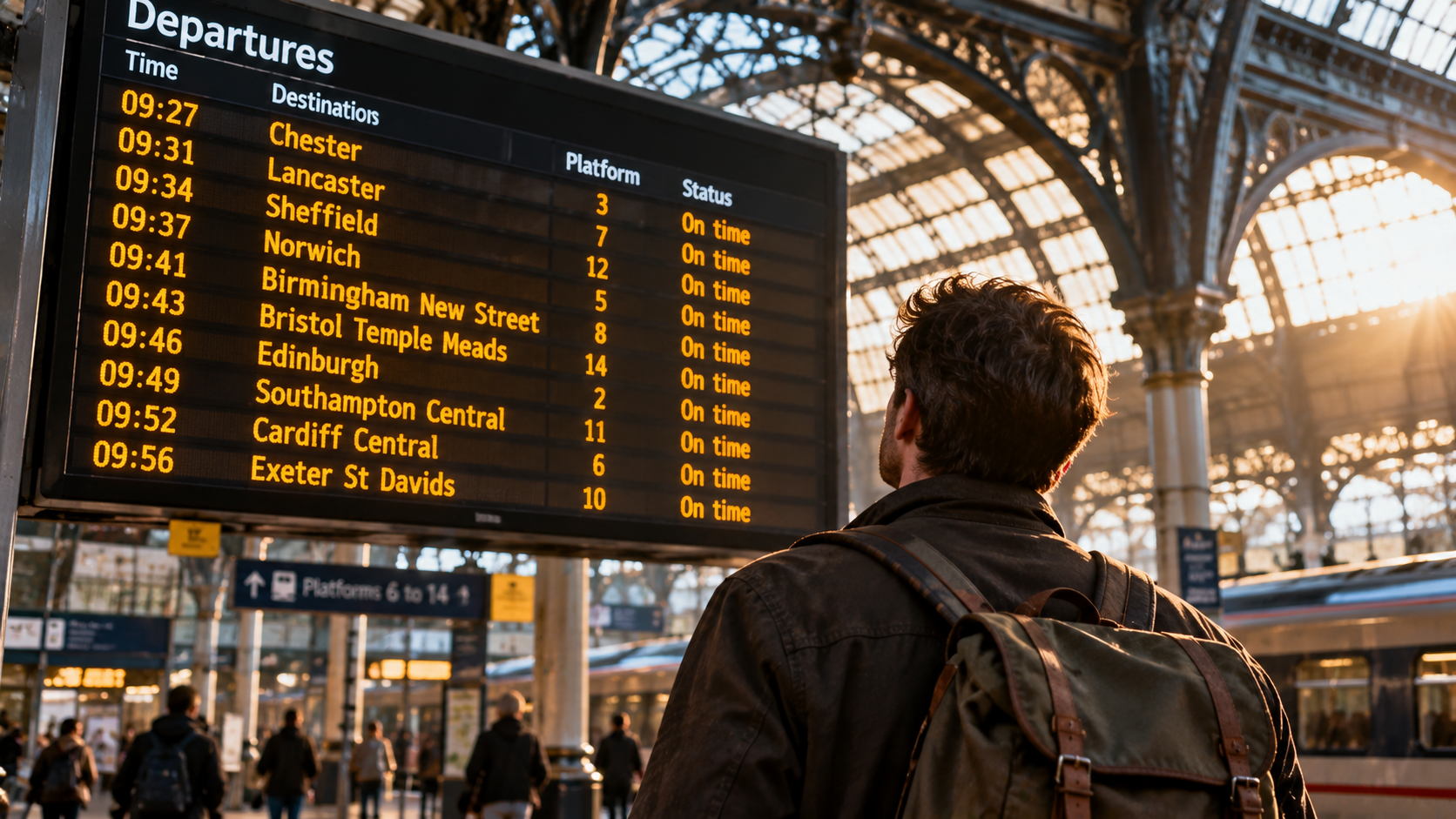 A man with a backpack stands in a busy railway station looking up at a departures board filled with destinations around Britain.