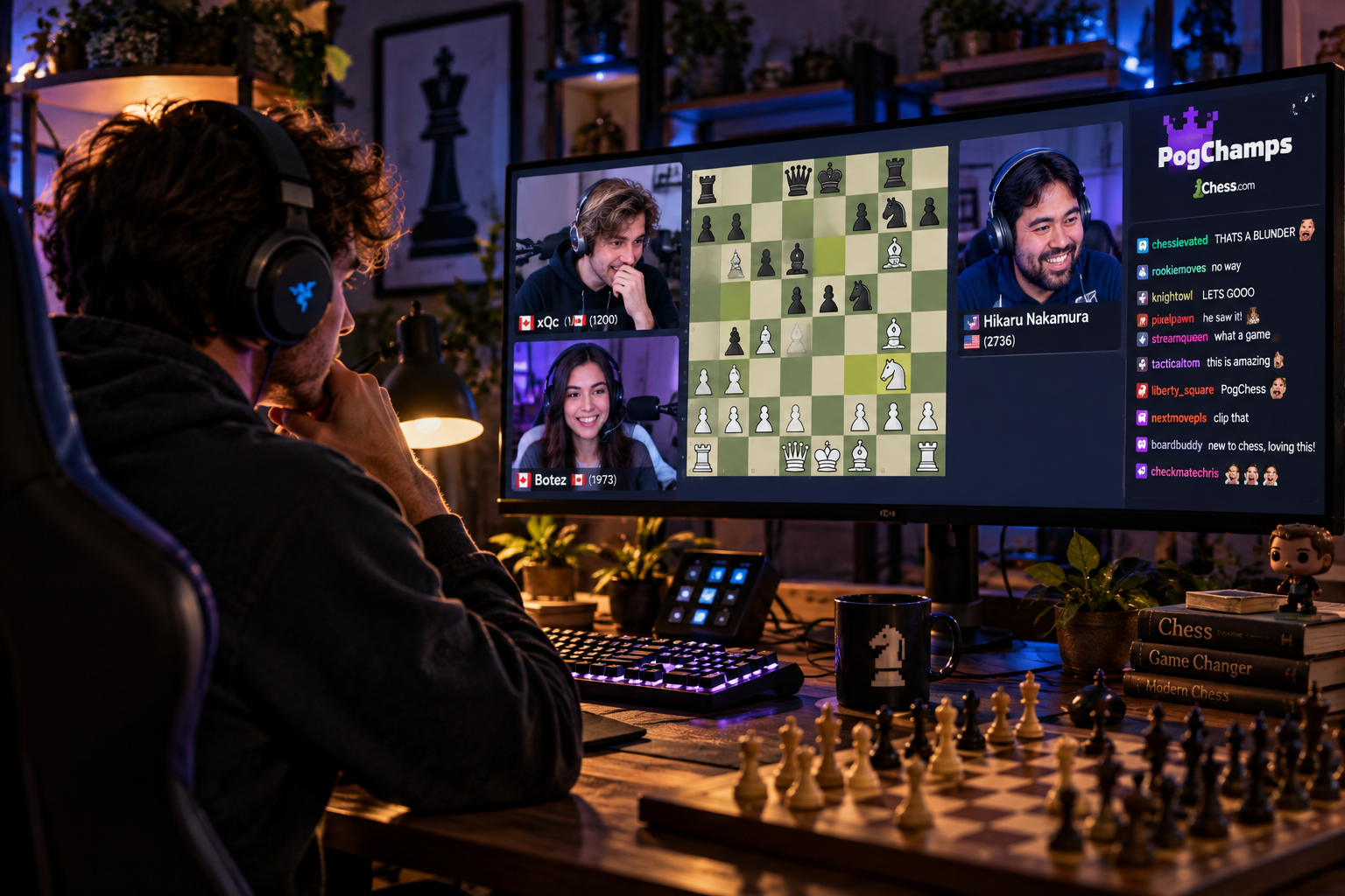 A young man wearing headphones watches an online chess tournament on a widescreen monitor, with player video feeds, a digital chessboard and live chat. A physical chessboard sits on his desk.