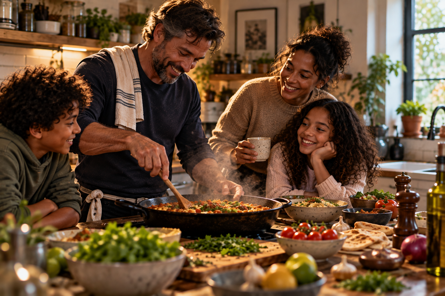 A father cooks a meal in a warmly lit family kitchen, stirring a large pan while his partner and two children gather around, smiling and watching. Fresh vegetables, herbs and ingredients cover the kitchen counter.