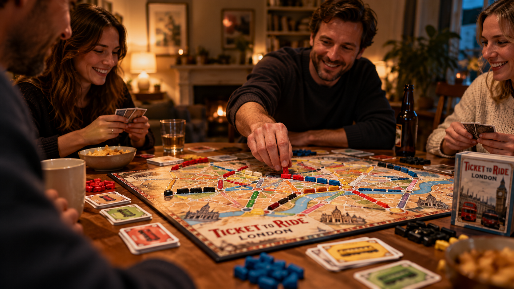 Four friends sit around a table playing Ticket to Ride London, placing coloured pieces on the board and holding cards in a warmly lit living room.