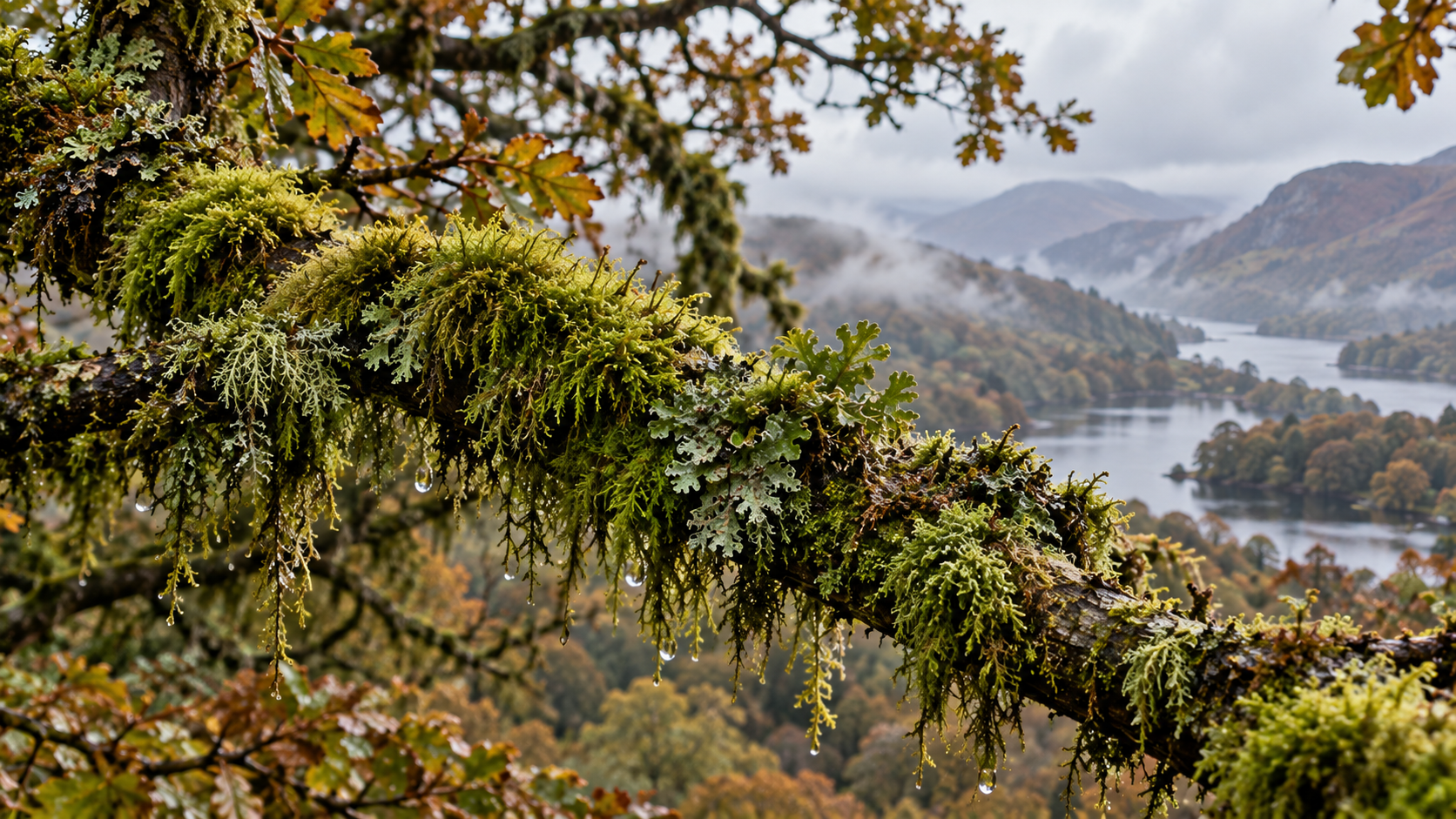 A rain-soaked tree branch covered in mosses and lichens, with a misty lake and wooded hills of western Britain in the background.