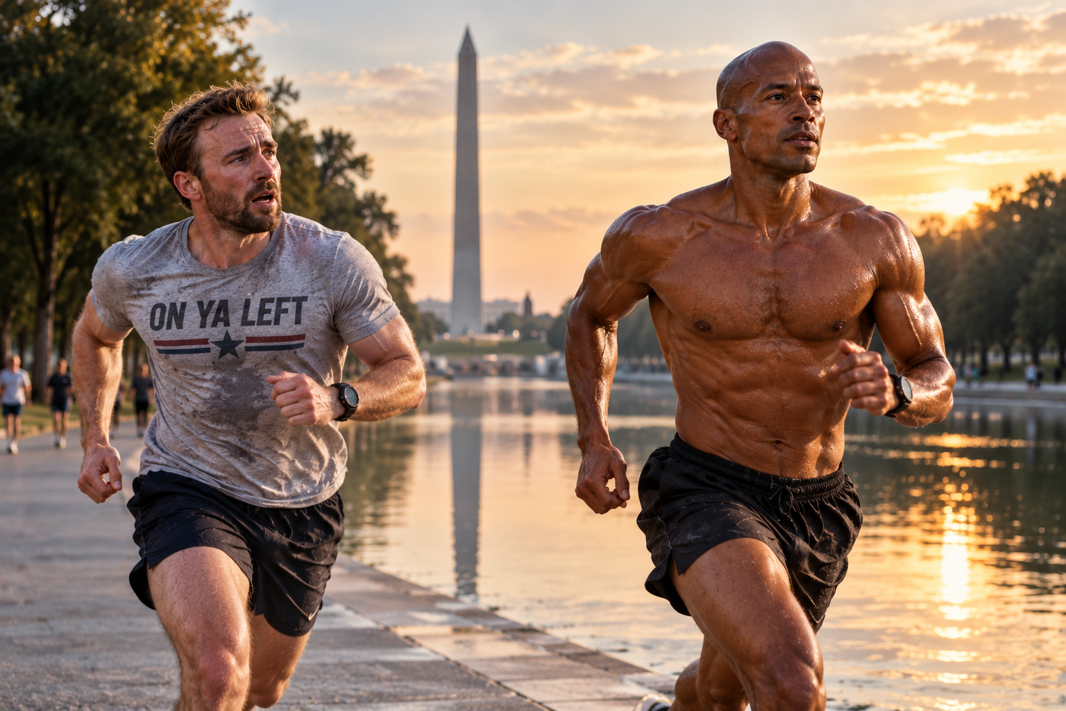 Alt text: David Goggins runs shirtless beside the Reflecting Pool in Washington, pulling ahead of Chris Evans, who looks across at him while wearing a grey running shirt reading “ON YA LEFT”.