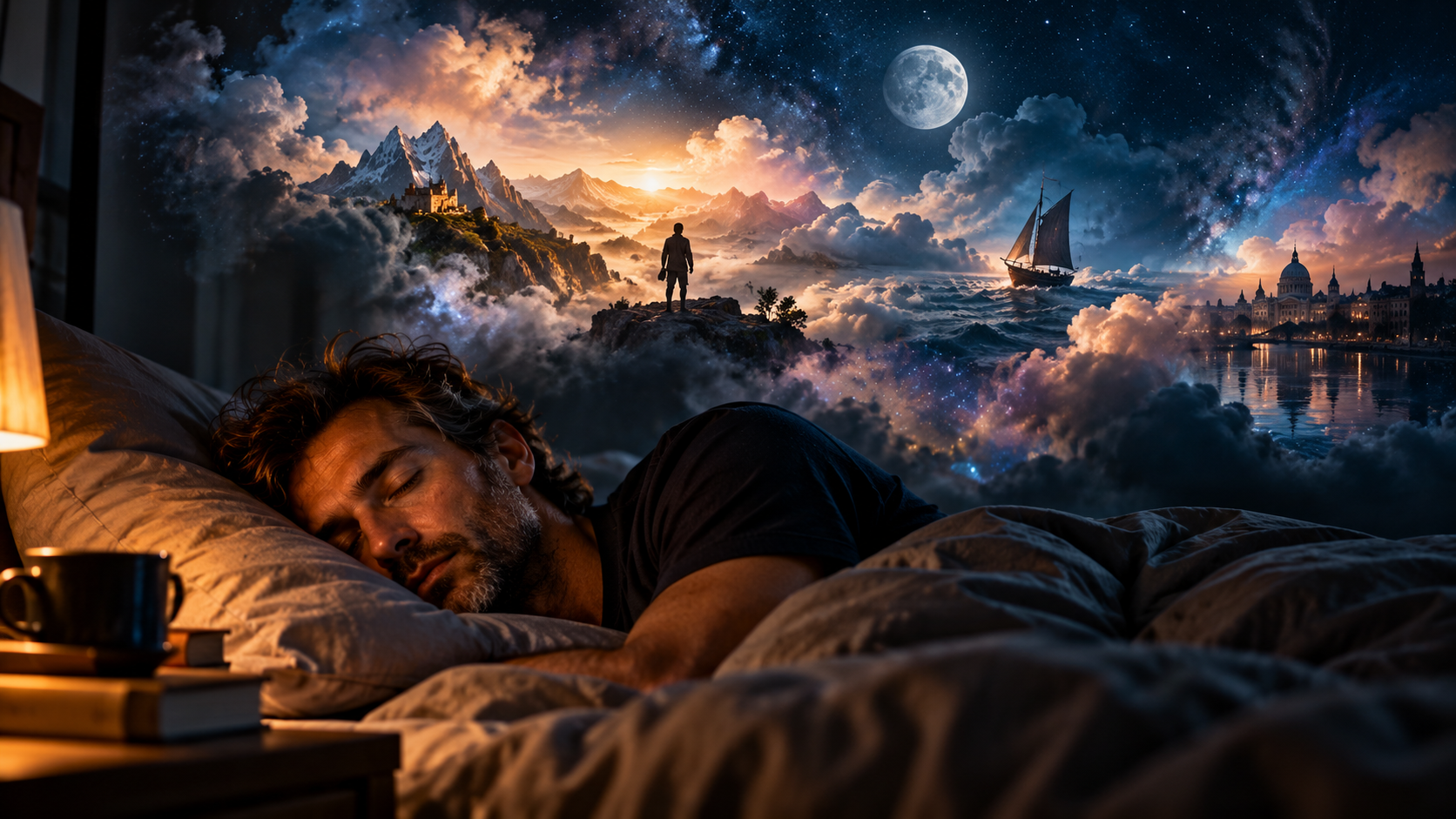 A man sleeps in a softly lit bedroom while a surreal dreamscape unfolds above him, with mountains, a castle, a sailing ship and a distant city beneath a spectacular star-filled sky.