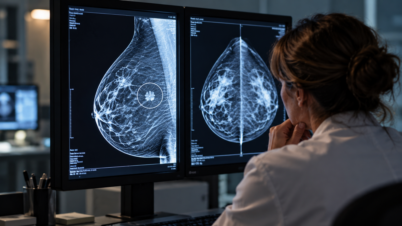 A radiologist studies mammogram images on two large monitors, with an area of interest highlighted on one of the breast scans.