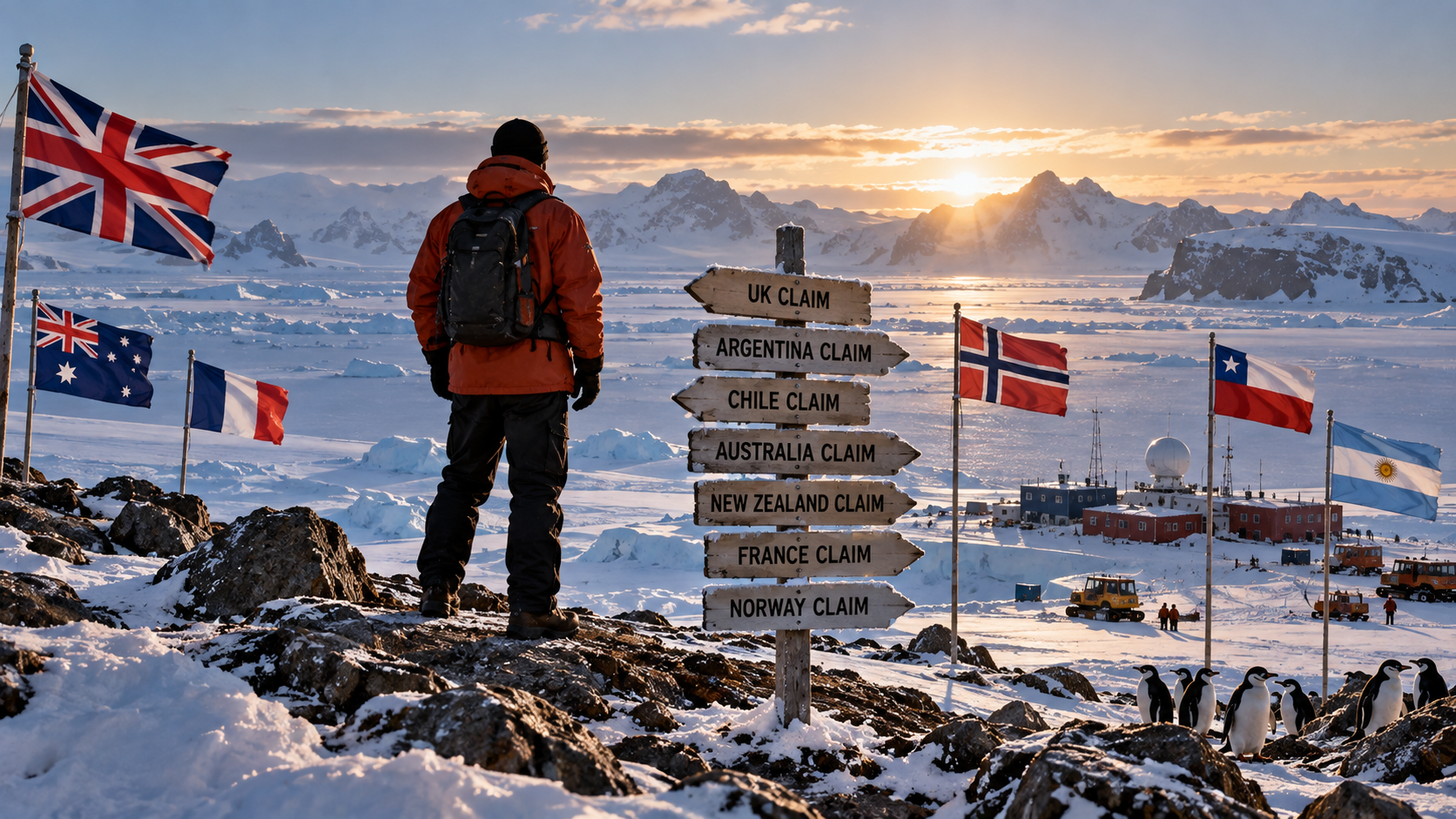 A researcher stands above an Antarctic research station surrounded by ice and mountains, with signposts pointing to the seven territorial claims and national flags flying across the landscape.