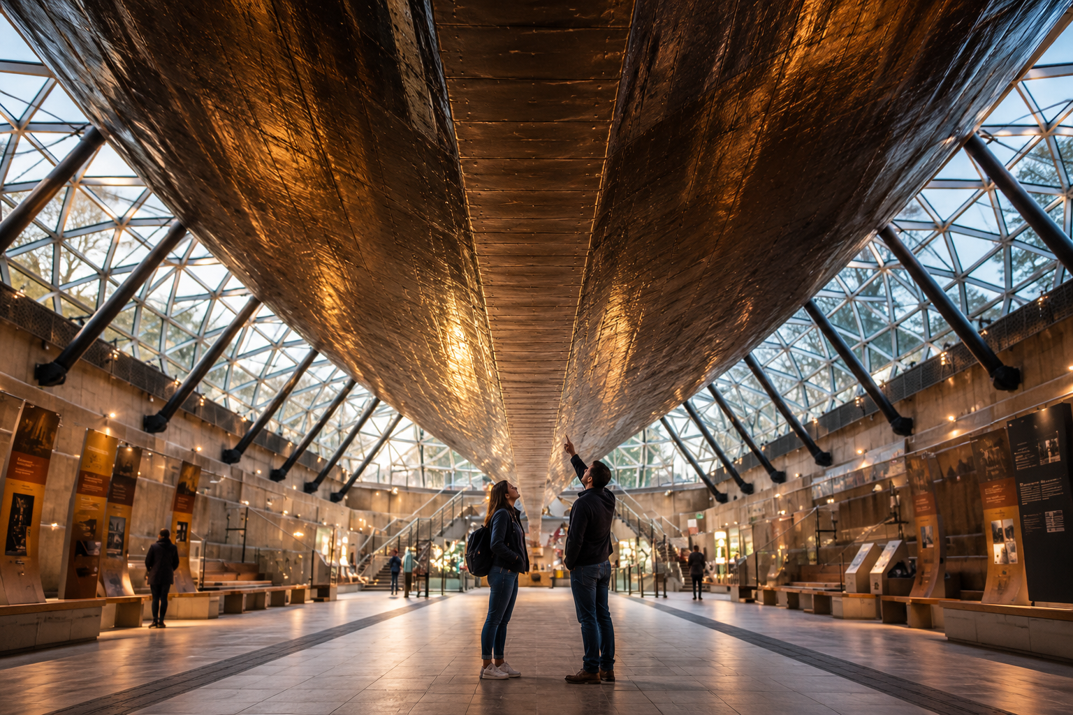 Two visitors stand beneath the enormous copper-clad hull of Cutty Sark in Greenwich, looking up at the ship suspended above them inside a glass-roofed museum.