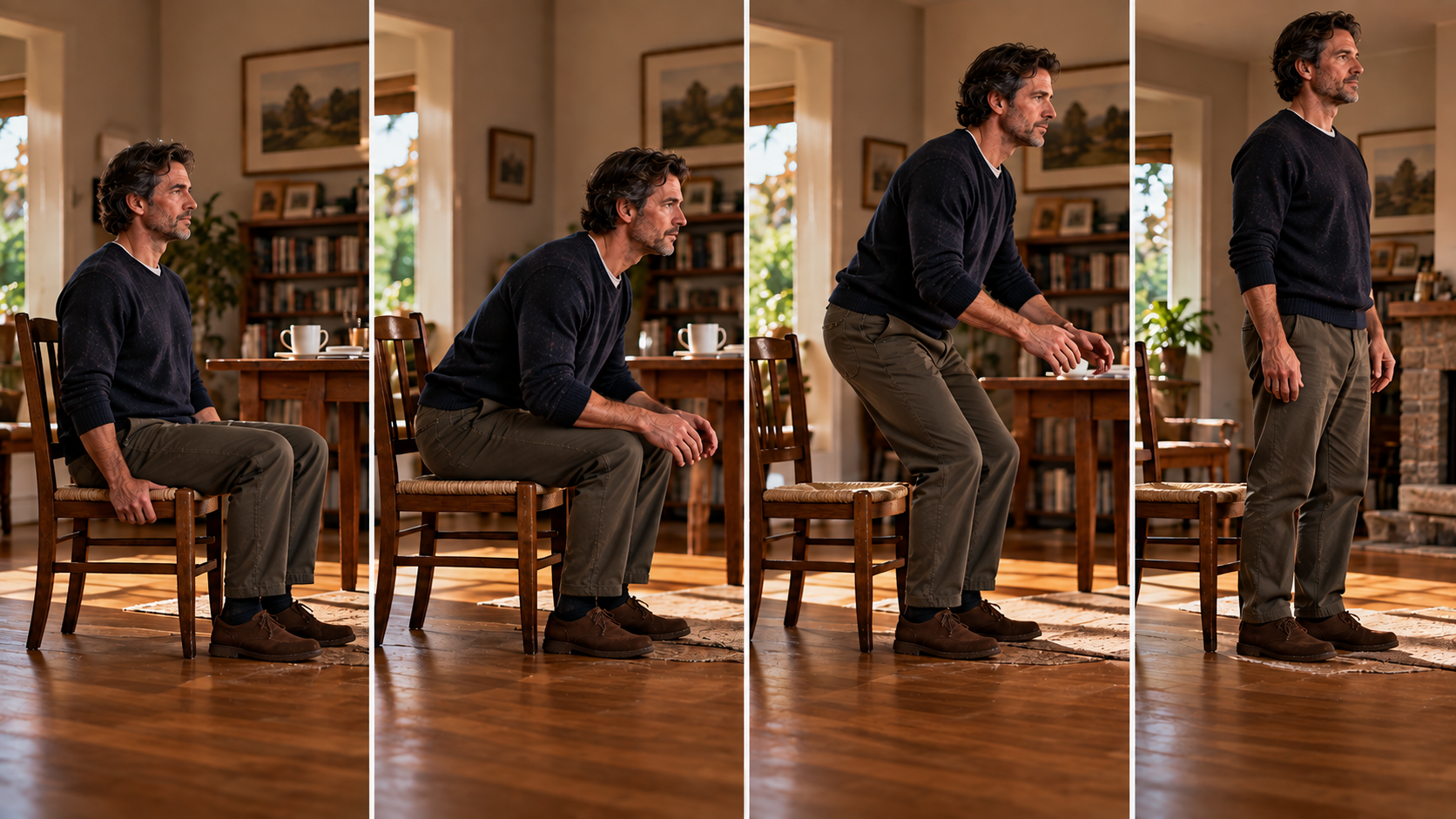 Four side-by-side images show a man moving slowly from sitting in a dining chair to standing upright without using his hands.