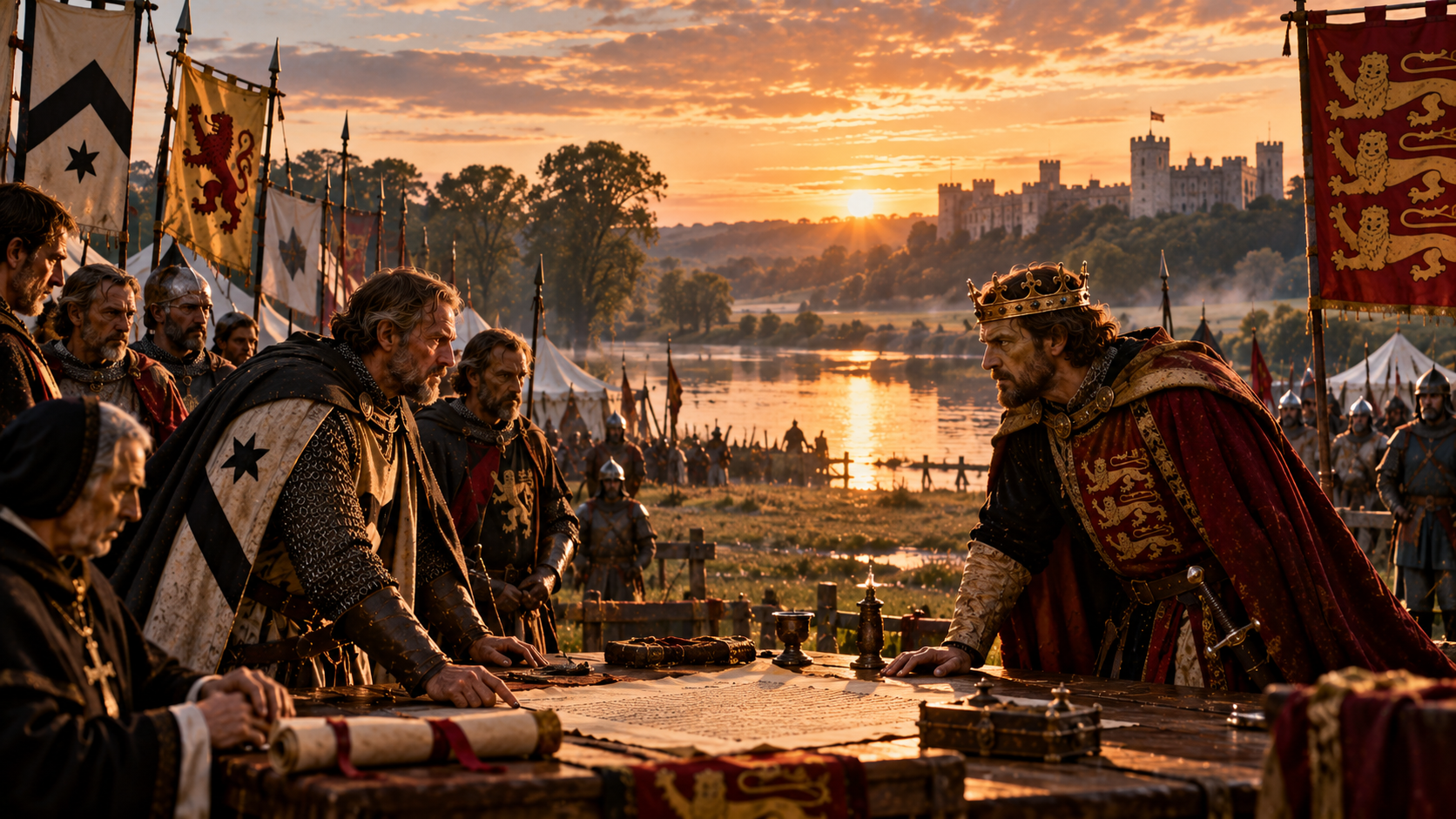 King John faces a group of rebel barons across a table covered with parchment at Runnymede, beside the River Thames, with armed camps and a Castle in the distance.