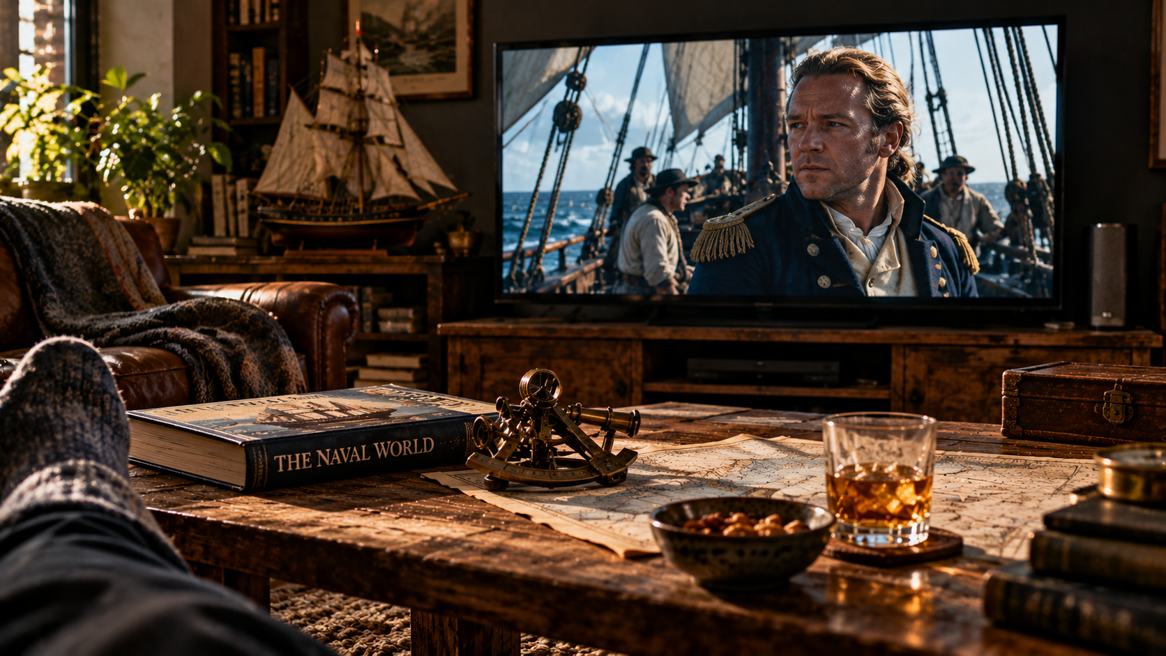 Alt text: A relaxed Sunday afternoon at home watching a Napoleonic-era naval film, with feet up beside a table covered with nautical charts, a sextant, books and a drink.
