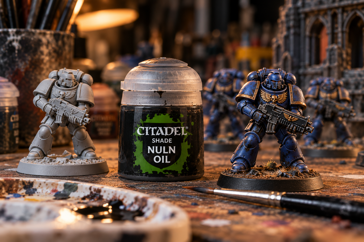 A pot of Nuln Oil sits on a miniature-painting desk between an unpainted Space Marine and a finished blue-and-gold model, surrounded by brushes, paints and other miniatures.