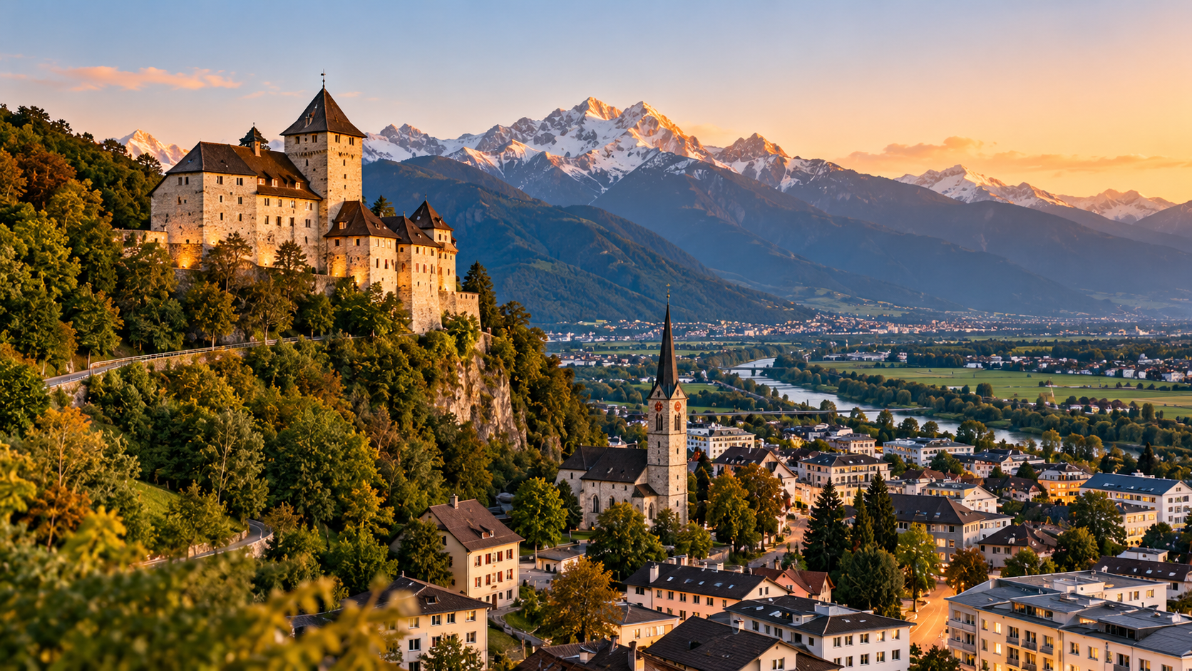Vaduz and its castle sit in an Alpine valley beneath snow-capped mountains, with the Rhine running through the landscape beyond.
