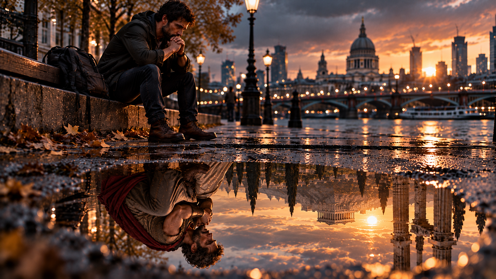 A modern man sits thinking beside the Thames at sunset, while his reflection in a puddle appears as an ancient Stoic figure among classical ruins.