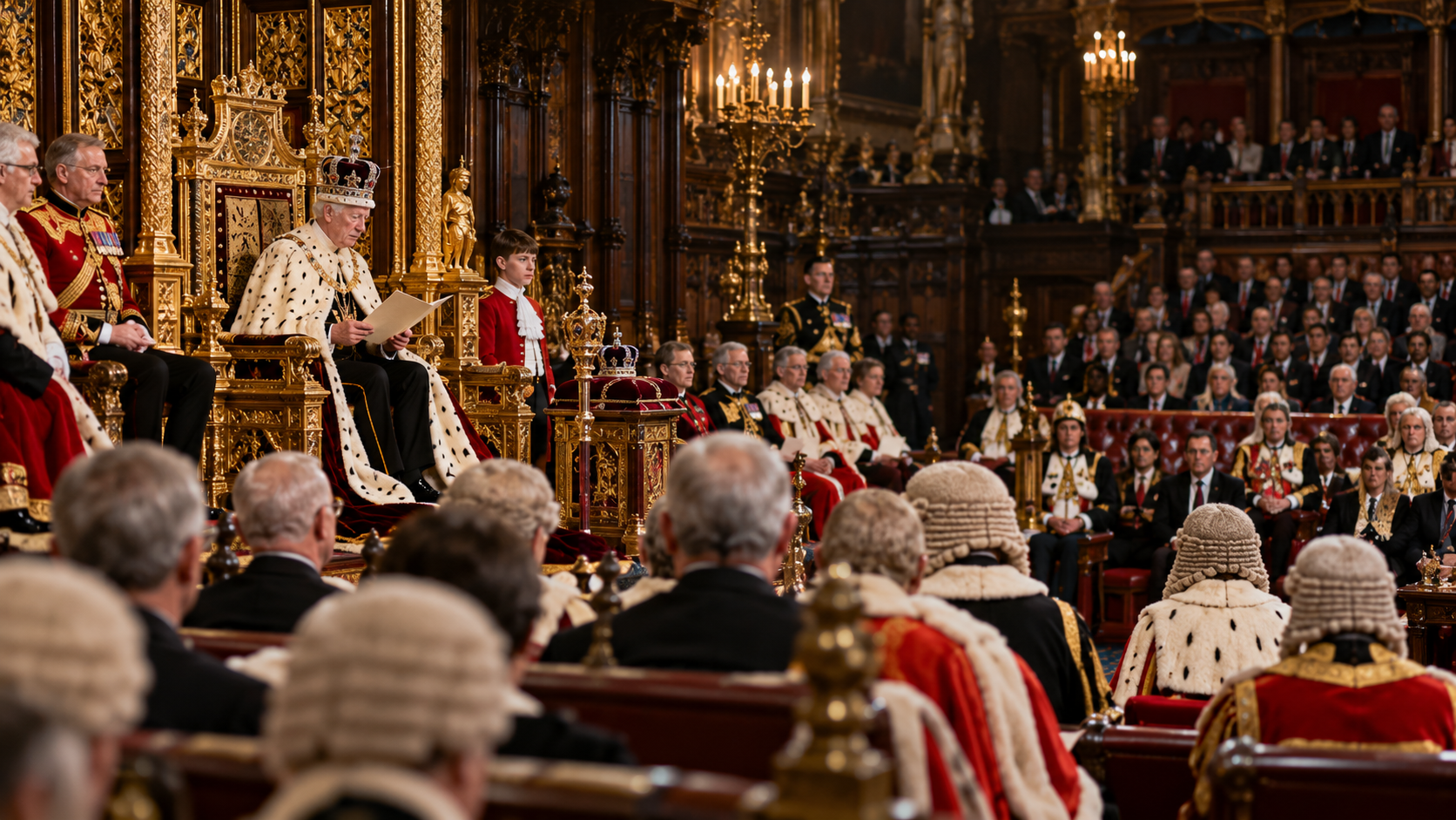 The King reads the King's Speech from the throne in the House of Lords during the State Opening of Parliament, surrounded by peers and ceremonial officials.