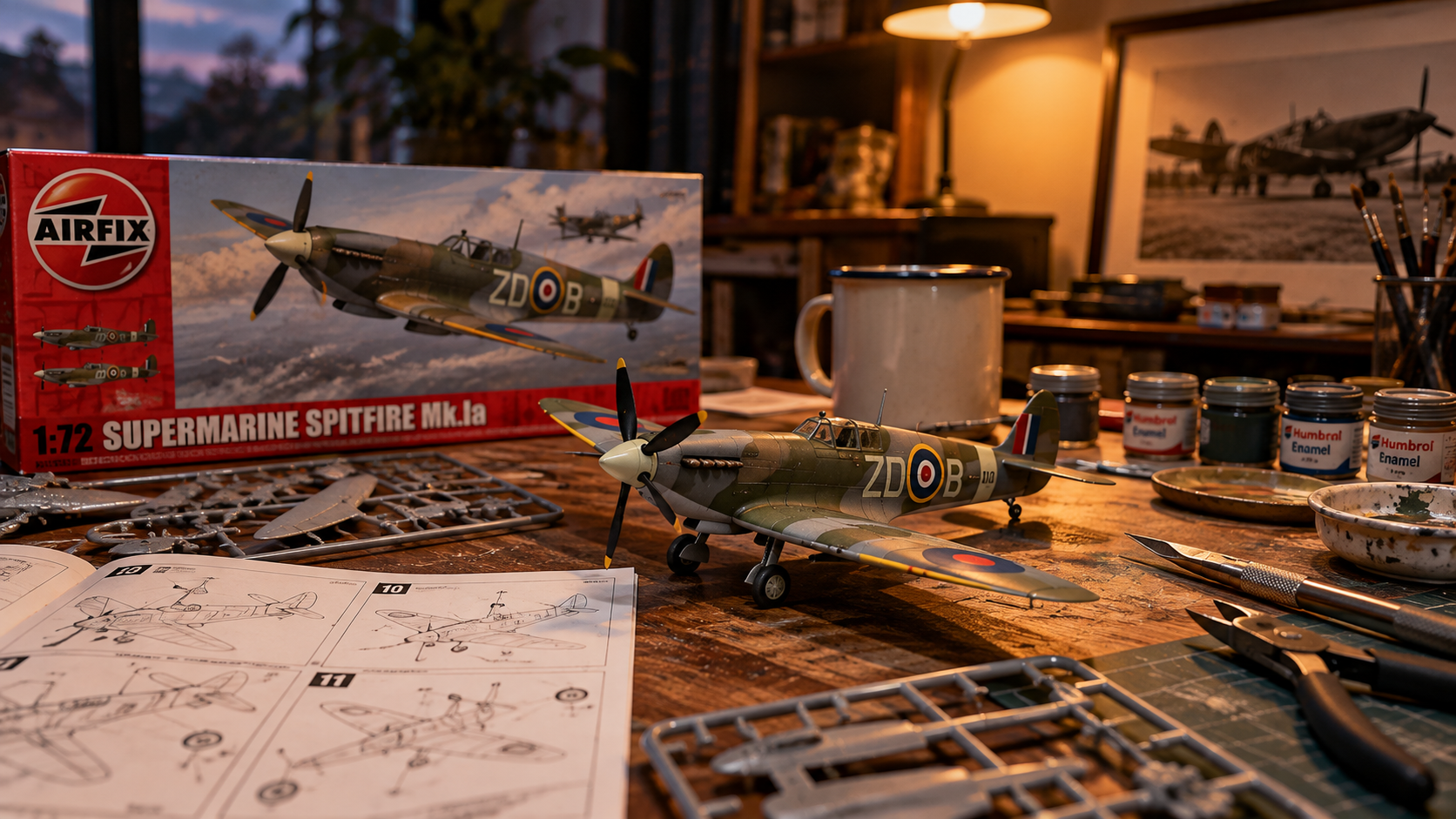 A completed Airfix Spitfire model sits on a hobby workbench surrounded by paints, tools, instructions and unused plastic parts.