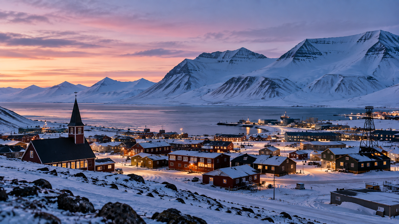Longyearbyen sits beside an Arctic fjord surrounded by snow-covered mountains, with warm lights glowing from houses and the town's church at twilight.