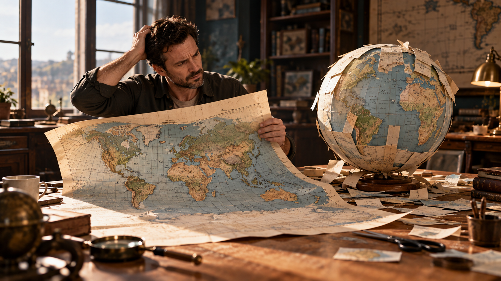 A man sits at a desk comparing a flat world map with a handmade globe, surrounded by maps and cartography tools as he tries to work out how to turn the flat map into a sphere.