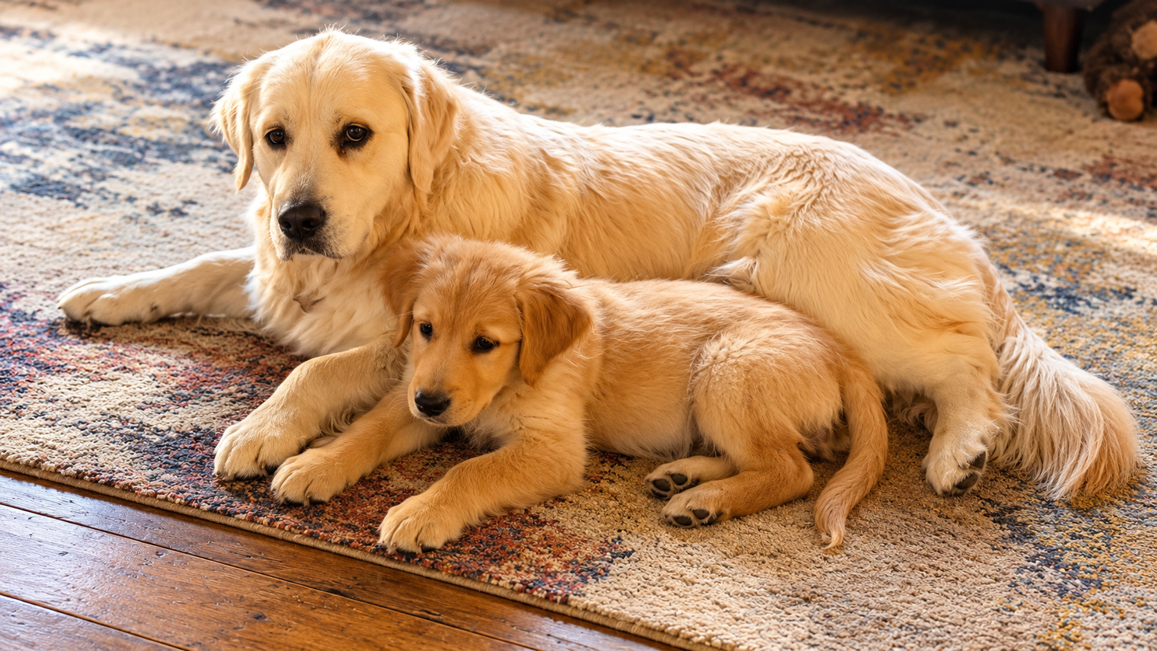 A cream Golden Retriever lies on a rug with a young golden puppy curled closely beside him in warm afternoon light.