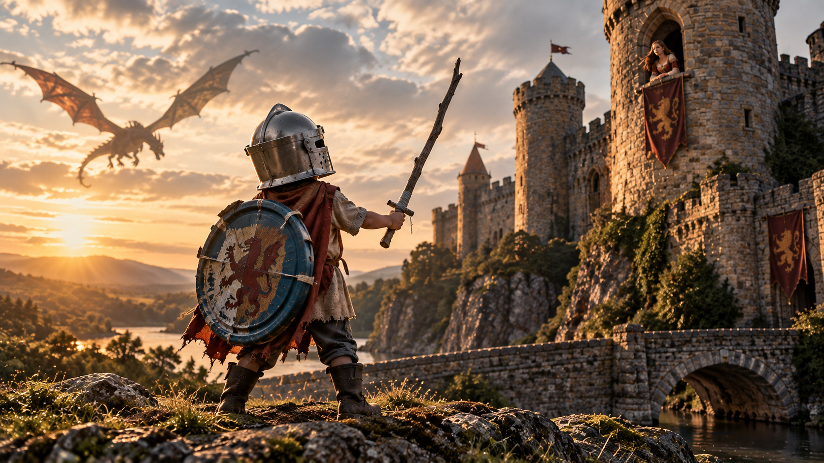 A boy in an oversized toy knight’s helmet holds a painted plastic shield and a crooked stick like a sword, facing a castle as a dragon flies overhead and a maiden watches from a tower.