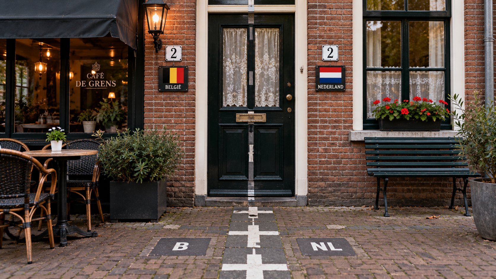 A white border line runs across a cobbled street and directly through the front door of a brick building, marking Belgium on one side and the Netherlands on the other.