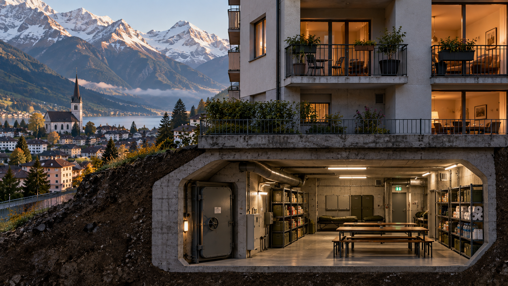 Cutaway view of a Swiss apartment building showing an underground civil defence shelter beneath ordinary homes, with an Alpine town and mountains beyond.