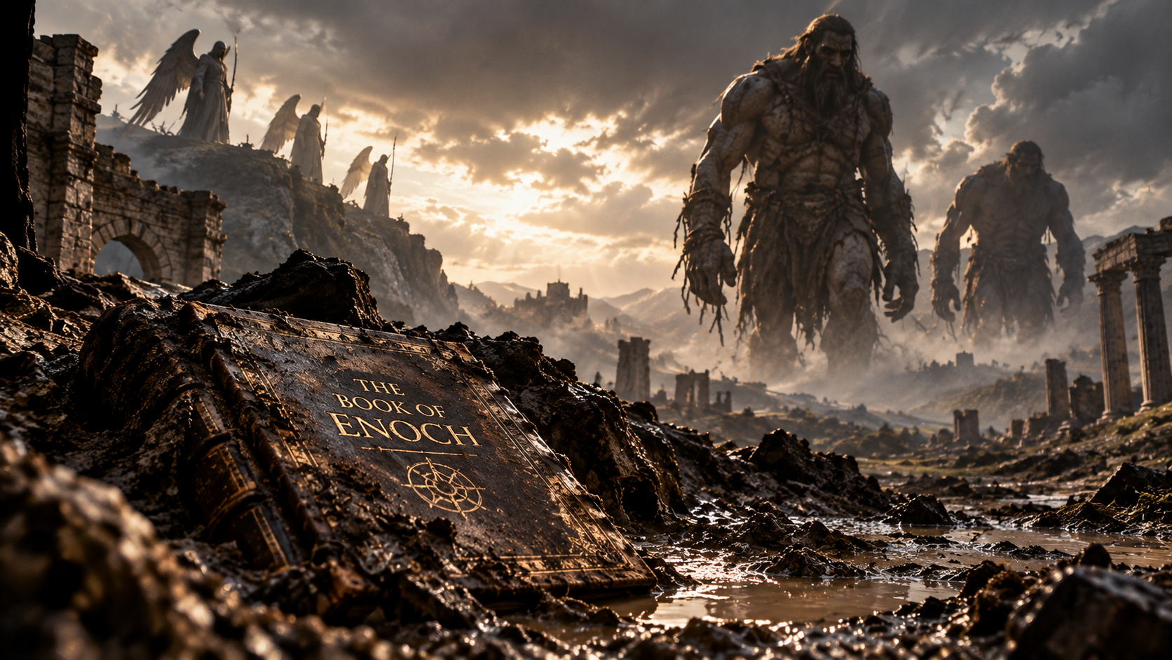 A mud-covered copy of The Book of Enoch lies among ancient ruins while two enormous giants cross the landscape and mysterious winged Watchers observe from a distant ridge.