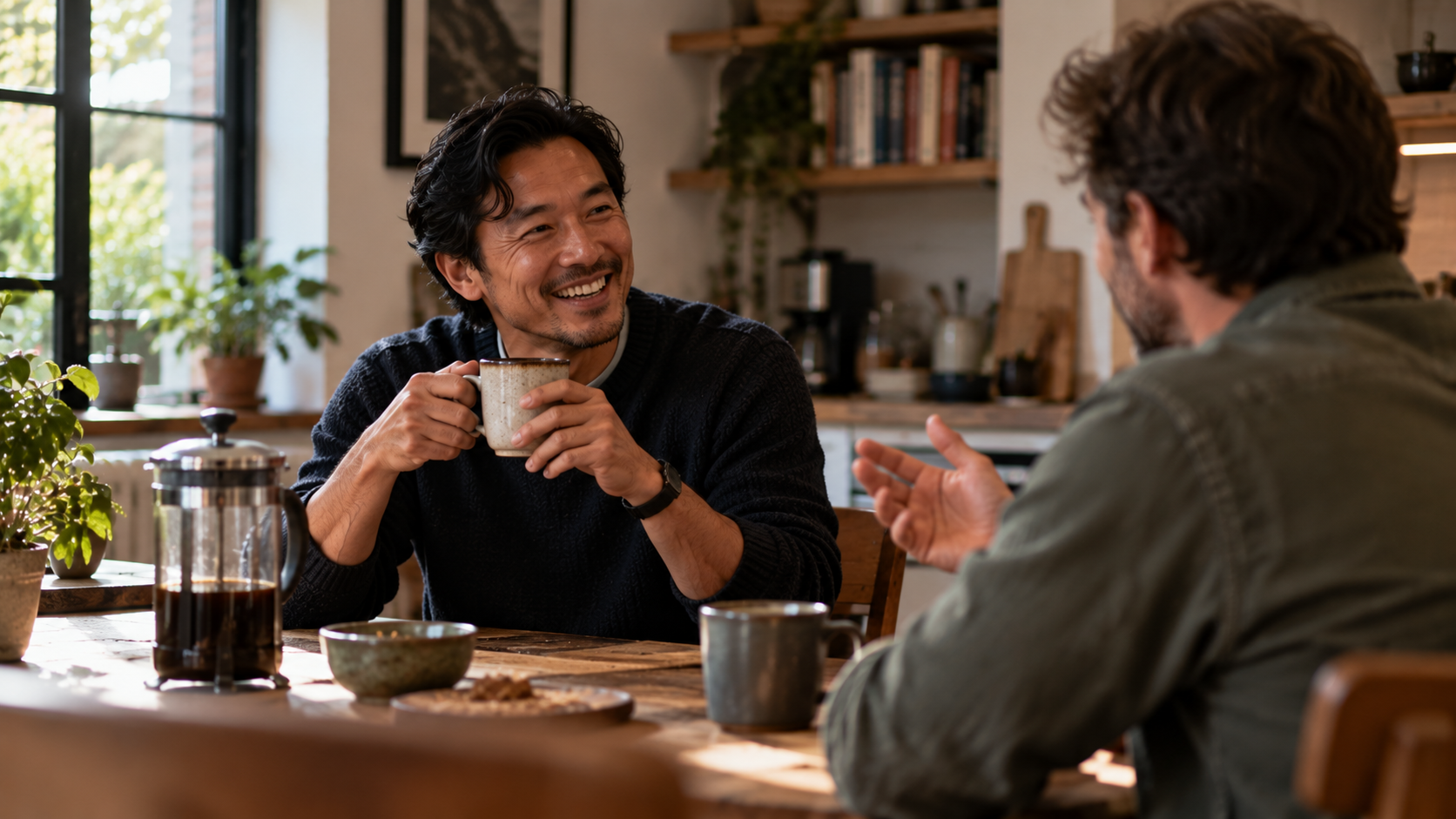 Two men sit at a kitchen table talking over coffee, with one smiling as he listens to his friend.