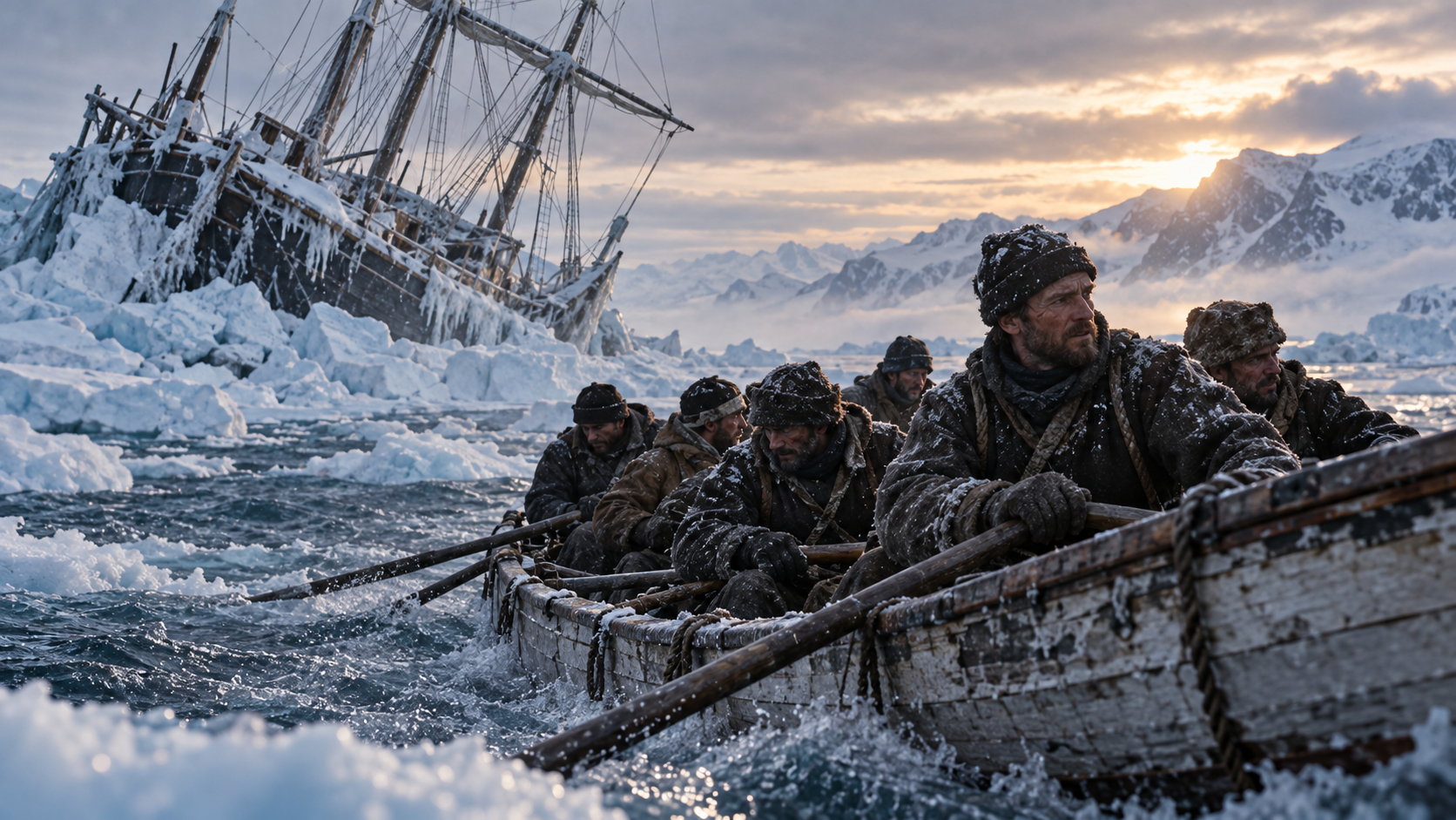 Members of Shackleton’s expedition battle through icy Antarctic waters in an open boat, with the wrecked Endurance trapped in broken sea ice behind them.