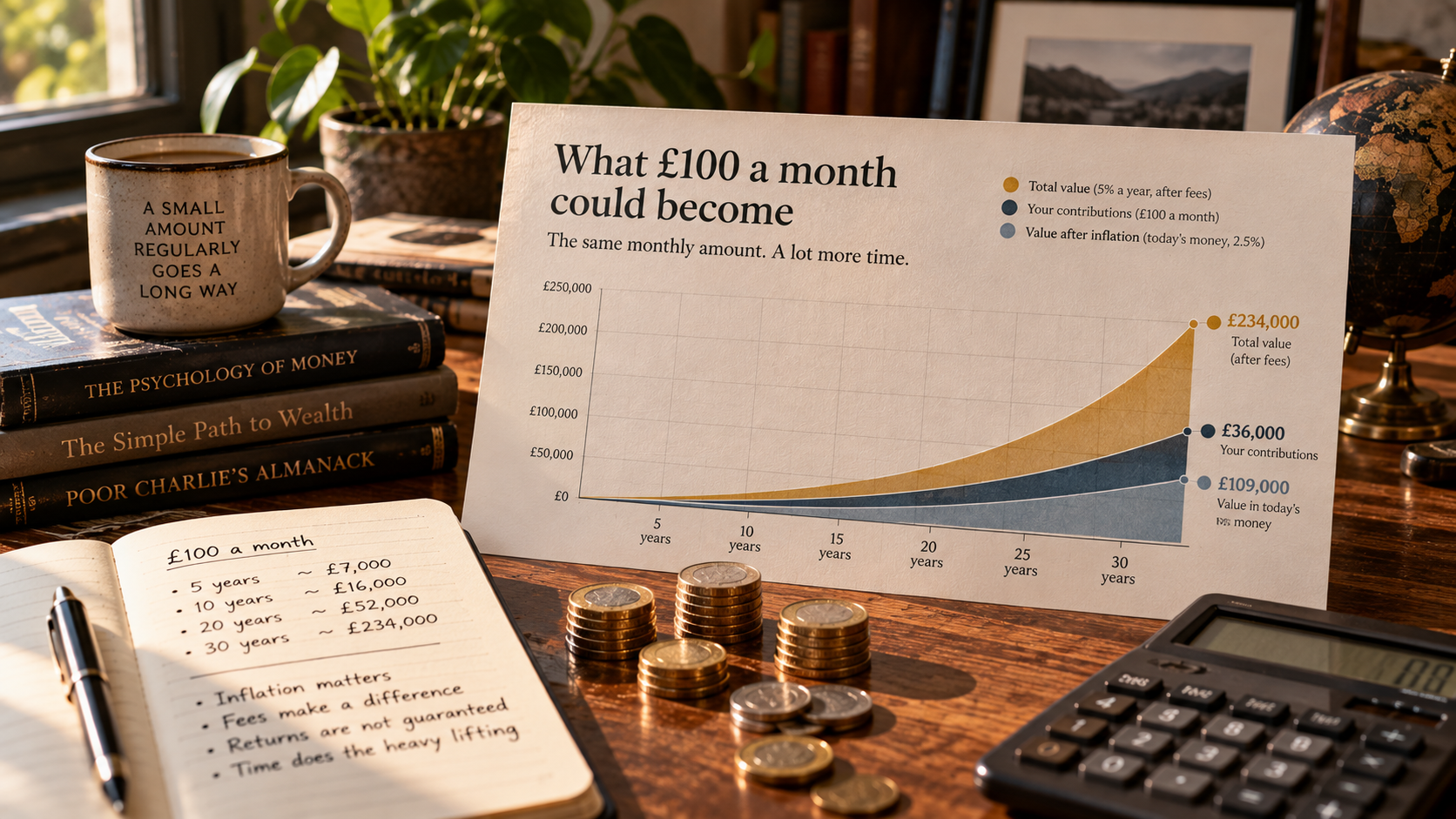 A desk with a chart illustrating how regular £100 monthly contributions could grow over 30 years, surrounded by coins, a calculator, notebook and personal finance books.