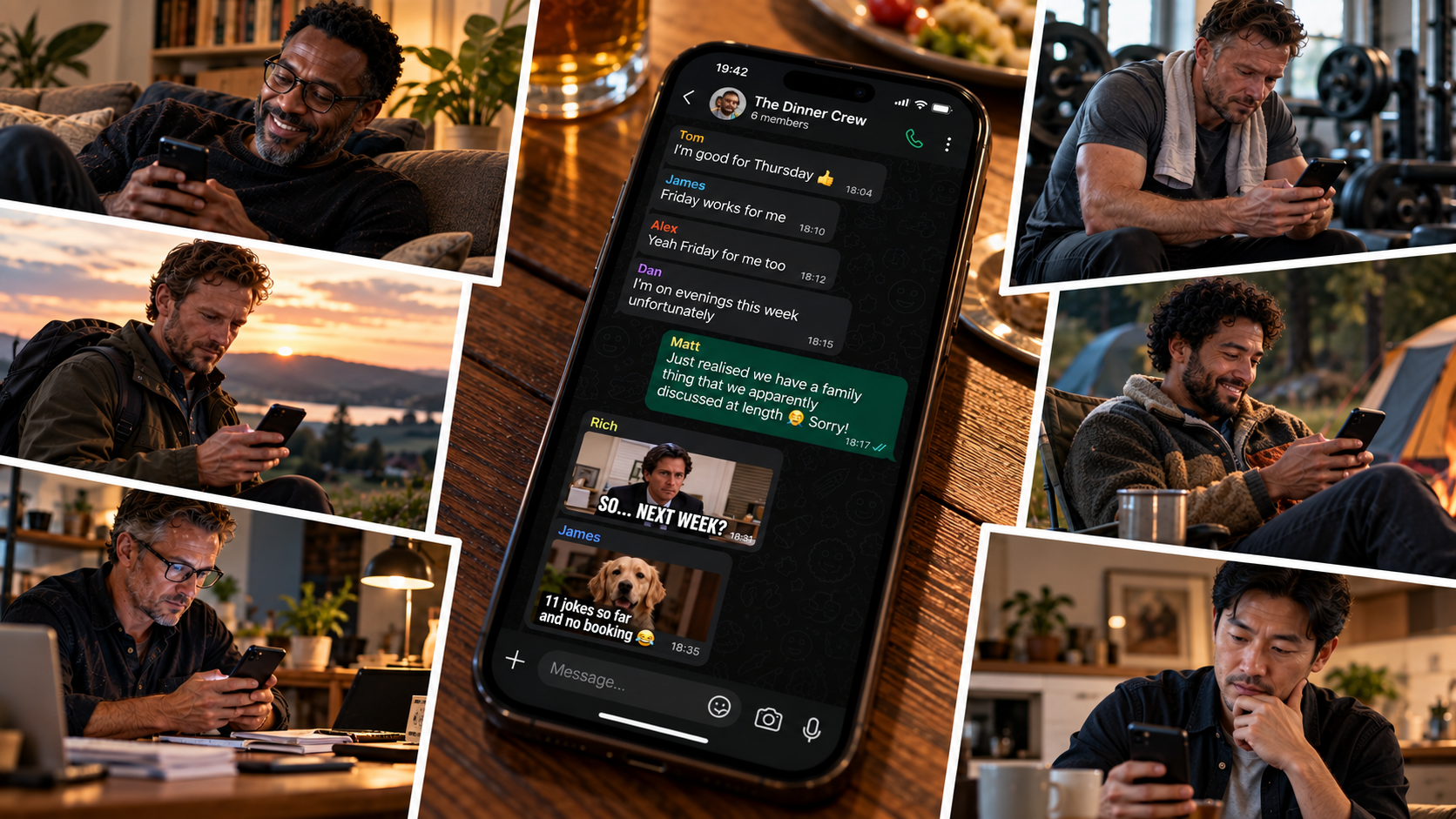 A phone showing a group chat about arranging dinner sits at the centre of a collage, surrounded by six friends checking their phones in different places including home, work, the gym and outdoors.