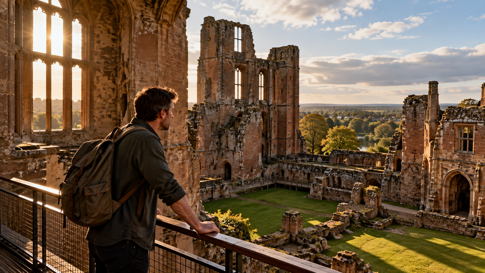 A man with a backpack looks across the ruined stone walls, towers and open rooms of Kenilworth Castle in warm afternoon sunlight.