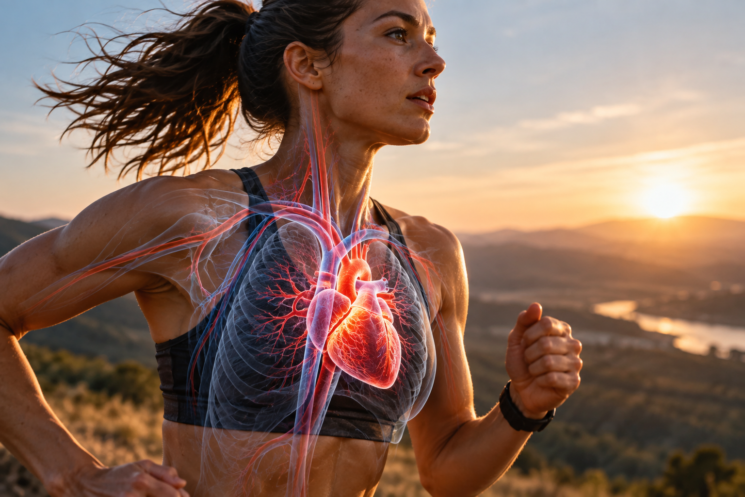 Woman running along a hillside at sunset, with a semi-transparent anatomical illustration revealing her heart, lungs and blood vessels.