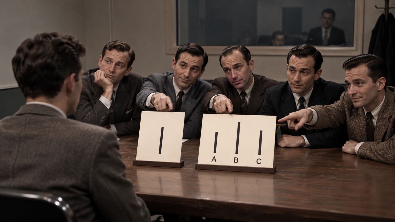 A participant in a 1950s psychology experiment faces five men seated across a table beside cards showing a reference line and three comparison lines labelled A, B and C.