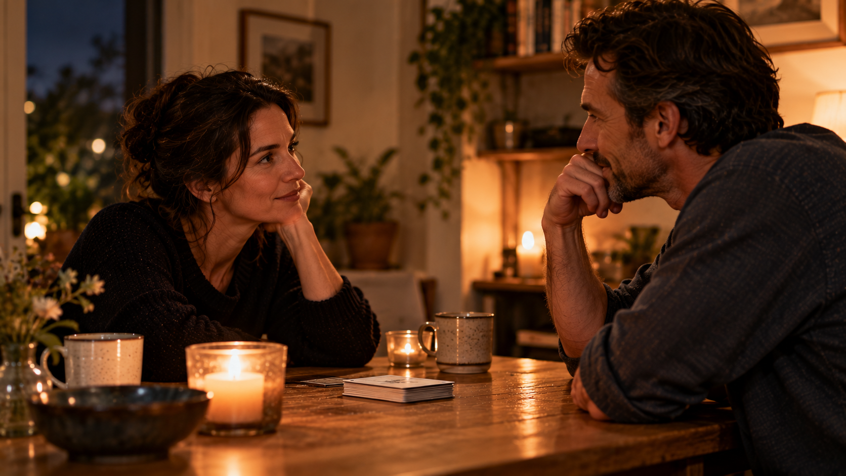 A man and woman sit across a kitchen table in warm evening light, taking turns talking while a small stack of conversation cards lies between them.