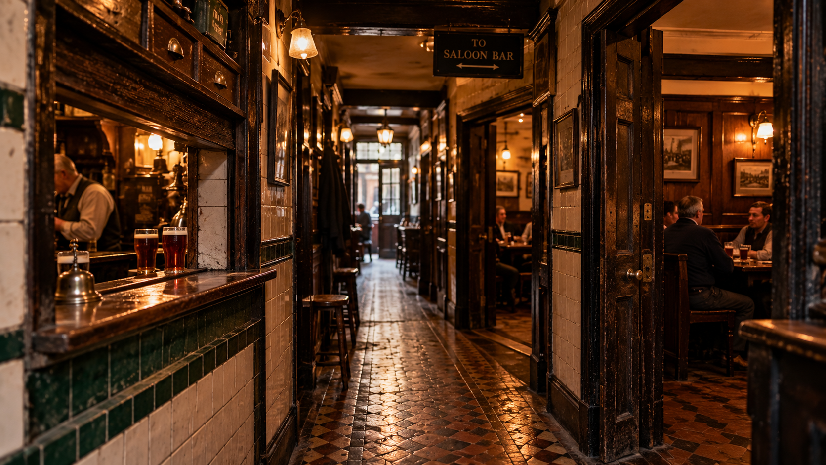 A narrow Victorian pub interior with a tiled passage, dark wooden partitions, small drinking rooms and a serving hatch where pints sit on the counter.