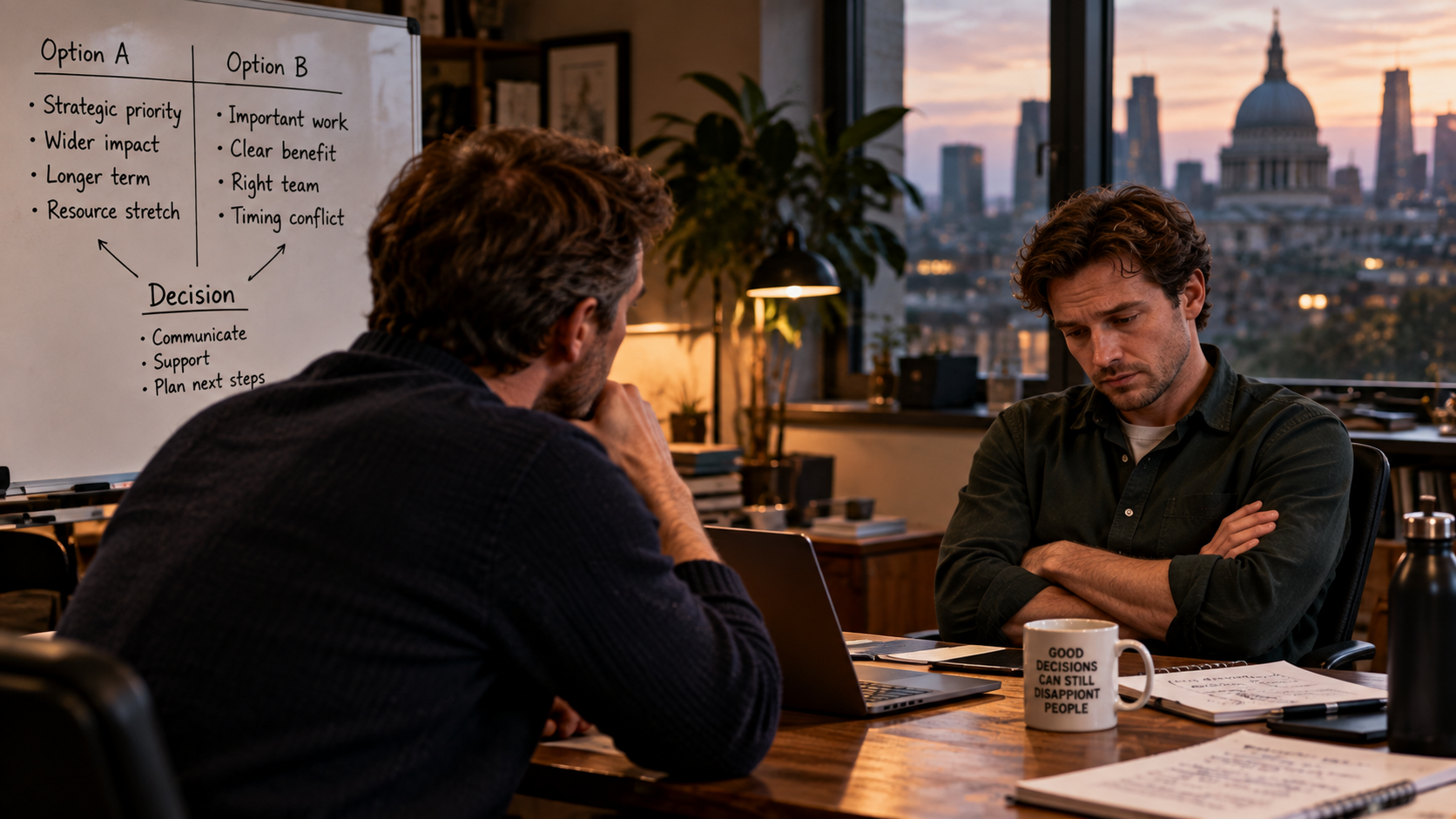 Two colleagues sit across a table after a difficult workplace decision, with one looking disappointed while a whiteboard behind them shows two competing options.